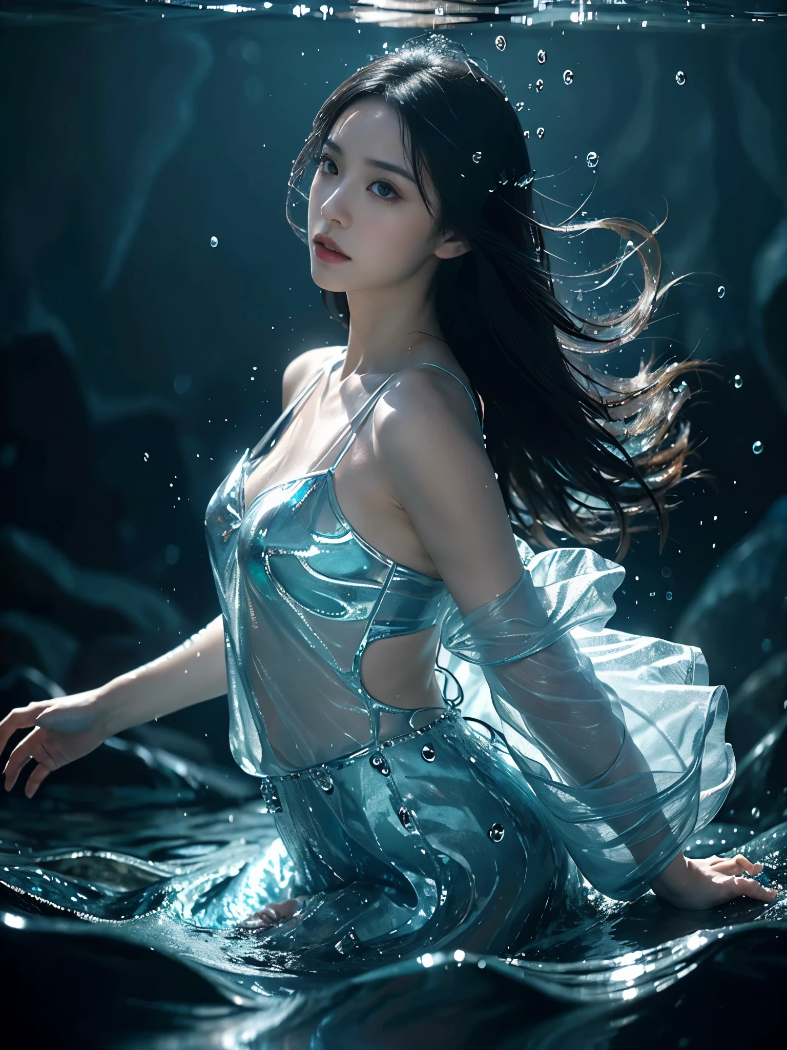 （tmasterpiece，top-quality，optimum，offcial art，Beautiful and beautiful，Long exposure：1.2），Smooth movement，Attractive pattern，one-girl，Adult women，Perfect skin，jade Eyes，Black leafy hair，sportrait，solo，The upper part of the body，Gaze at the observer，detailedbackground，Detailed face，（Crystal AI，crystalline theme：1.1），Elemental Water Elves，Swirl water，Water control，The water flows around Makoto's clothes，dynamicposes，Floating particles，Ether dynamics， Eau，steamy，Background sea，blue tint，shores，Fantastical Atmosphere，。The water is as blue as spring water。Full face。Realism in the water。Light and shadow tracking，