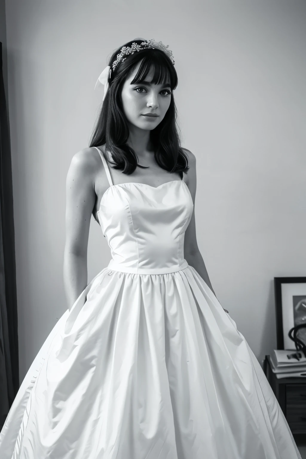Woman wearing a 1960s wedding dress in black and white