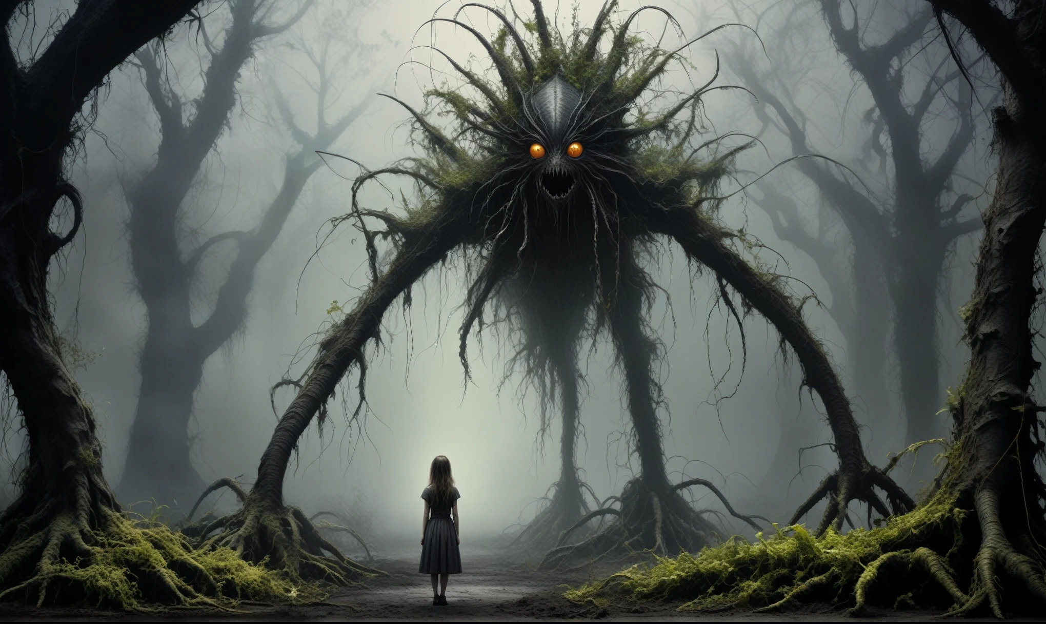 an orchard with live sinister bloodthirsty lifes, ancient trees at the stage of radioactive half-life,trap against fairies between trees,Quentin Blake Style Photography - Surreal、​masterpiece、ighly detailed,full body length,once pretty,full body,bailong plant girl made of dead plants,a girl made of charcoal plants,charcoal The Alien Entity,ominous landscape, niobium graphite atmosphere,dangerous atmosphere,intricate details,realistic graphite skin,extremely intricate details,Epic Realistic,At night, light shone on her,anatomically correct,eyes extremely detailed, high detailed eyes,UHD,Retina,HDR,Technicolor,natural skin textures, hyper realism, hyper detailed,High contrast,Realism,Ultra Detailed,irina yermolova,close full body shot, masterpiece,faded,8k resolution,RAW, Nikon Z9,pixie,nicola samori,ominous dragon wing,spider