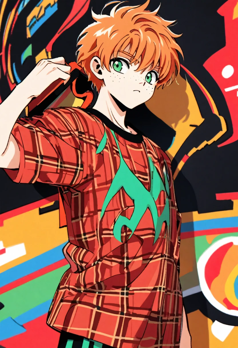cute 12-years-old ginger irish ??? boy, freckles, red plaid shirt, athletic physique, strong body, CLAMP art style