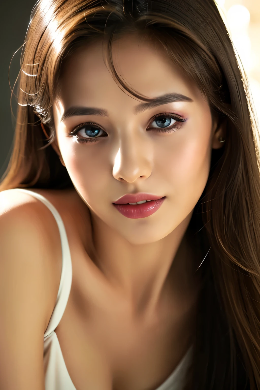 (highest quality、table top、8k、best image quality、Award-winning work)、(one young girl, :1.3)、no sleeve, (red eyeshadow:1.2)、perfect makeup、long eyelashes、Super high-definition sparkling eyes、ultra high definition hair、ultra high resolution glossy lips、Super high resolution perfect teeth、Super high resolution cute face、brown hair、(very short straight hair:1.1)、look at me and smile、[clavicle]、accurate anatomy、(close up of face:1.5)、Luxury love hotel、(The most moody warm lighting:1.2)、blurred background、With bangs、Super high-resolution glossy and moisturized face、Super high resolutio n glowing skin、most detailed face、Ultra high resolution detailed faces、ultra high resolution hair、Fashion model 25 years old [[[[close-up]]], [[[[chest]]]], [[[[neck]]], [shoulders]]]]], Perfect eyes, Perfect iris, Perfect lips, Perfect teeth, Perfect skin, Soft front light, Glow, HDR, (Soft color: 1.2), Best quality, masterpiece, ultra high res, (photorealistic:1.37), raw photo, 1girl, long hair, beautifull eyes, beautifull face, detailed eyes and face, t-shirt, dynamic lighting, in the dark, table top, highest quality, realistic, Super detailed, finely, High resolution, 8k wallpaper, 1 beautiful woman, light brown messy hair, Realistic, High Resolution, [[[ Only one girl ]]]], Wavy black hair, Blue eyes, Stylish tank top, Upper body, Big breasts, Cleavage, Sitting on chair, Pose random, 8K, Very detailed, High Resolution, Facing camera ( One woman), One woman, (Very realistic, High Resolution), ( Very Detailed Eyes, Very Detailed Hair, Very Detailed Face, Very Detailed Plump Lips), (Breast Open Off Shoulder), Breasts, Upper Body, Affectionate Smile, Golden Hair, (Top Quality: 1. 4), Raw Photo, (Realistic, Photorealistic: 1.37), Professional Photographer, Film-like Light, (Delicate Face 1.2), David Hockney and Alfons Mucha hyperrealistic portrait of a woman, fantasy art, photorealistic, dynamic lighting, art station, poster, volume lighting, highly detailed face, 4 k, awards, (