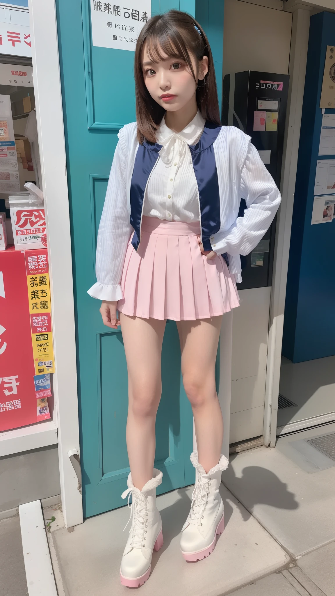 Costume like a idol, blue and white half sleeve Jacket, pink satin ruffled blouse, White and pink stripe pleated skirt, white lace up boots