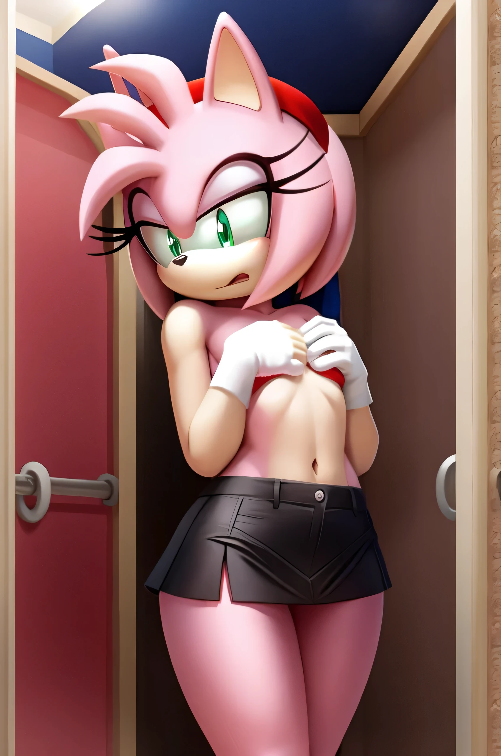 amy rose, black miniskirt, topless, small breasts, changing room, embarrassed, covering breasts with hands, unzipped skirt