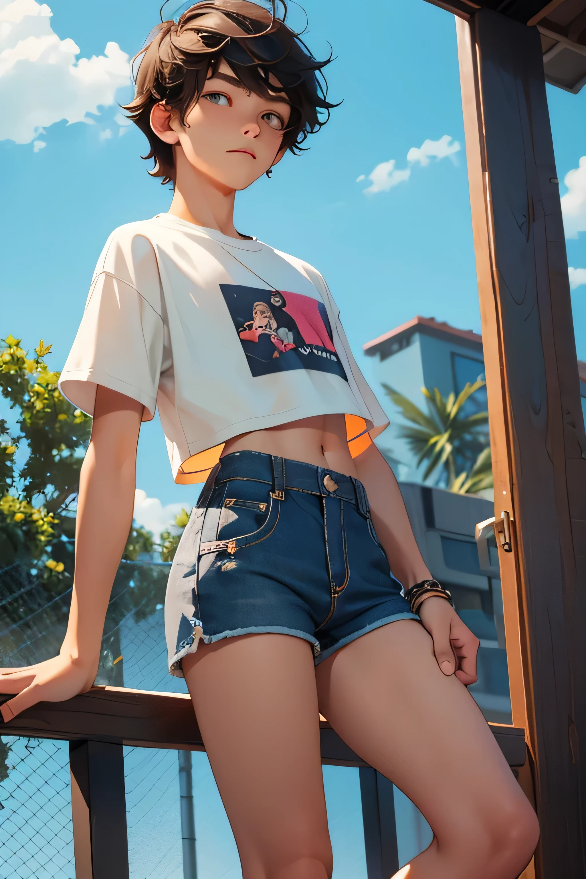 , boy wears a crop shirt and too very short mini shorts, beautiful legs, hot summer, highest quality,