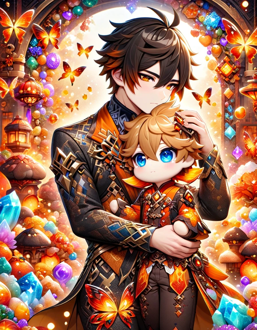 absurdres, highres, ultra detailed, HDR) master piece, best quality, Tartaglia chibi, brown-orange hair, expressive blue eyes, genshin impact, Zhongli chibi, dark brown hair, expressive yellow eyes, two boys together, yaoi couple, black clothes with accessories, jewelry, patterns, magical fantasy, amber butterflies, glittering, sparkling, amber lilies, petals, radiant, amber background 