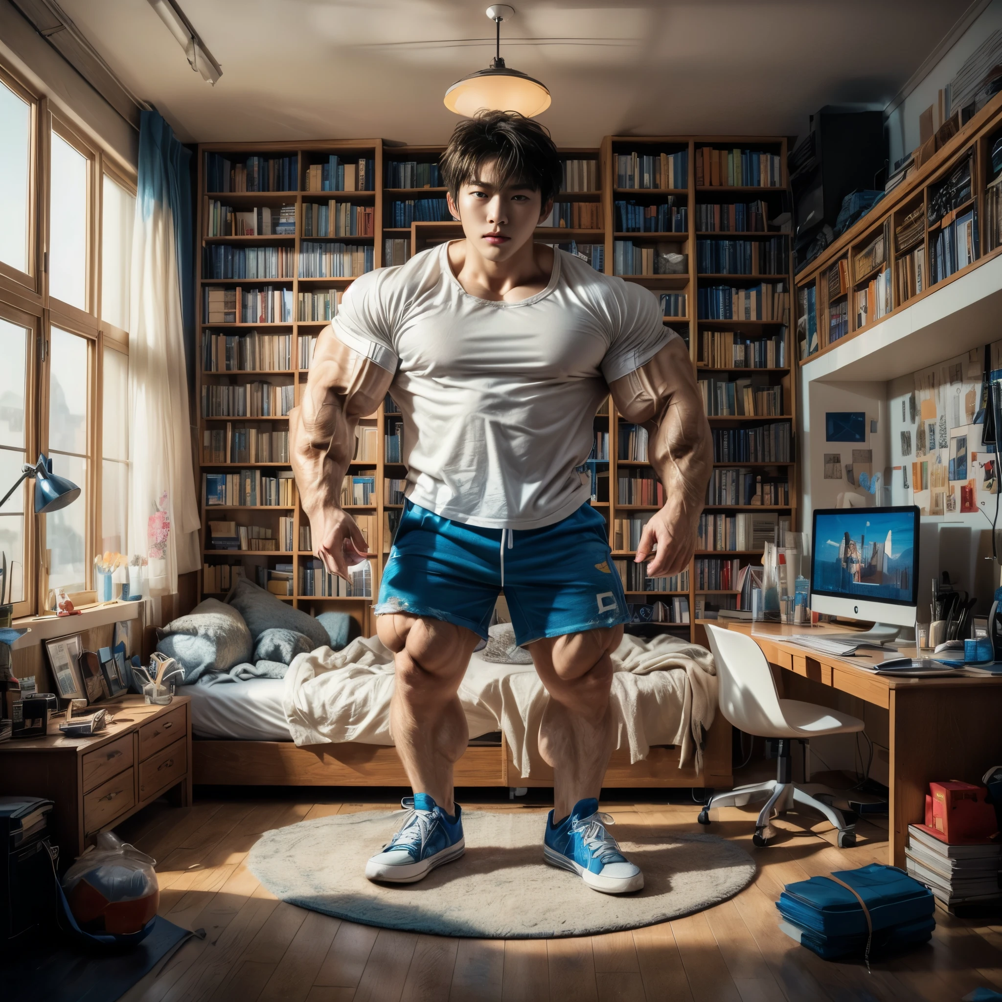 (masterpiece), ((handsome korean guy:1.2)), (Kim Soo-hyun), detailed face, short wavy hair, (wearing worn out white shirt and blue short:1.5), (wearing blue sneakers:1.2), (worn out shirt and worn out short), intricate detailed room, hd, 8k, candid shot, well-lit face, candid shot, five fingers, perfect hand, while his larger muscles draw attention to his physical transformation.