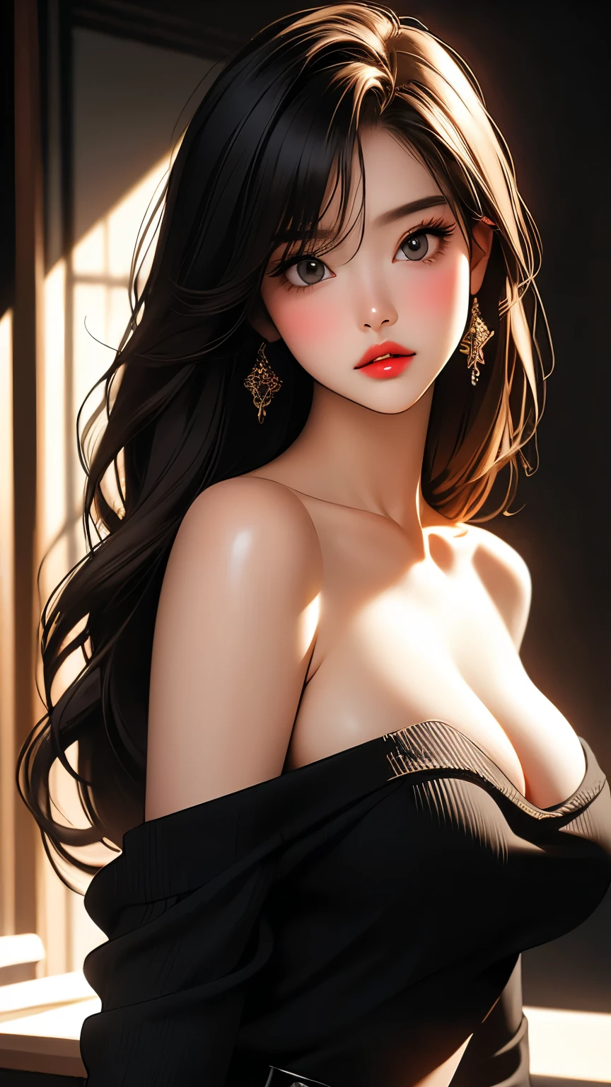 ultra high res, masterpiece, best quality, perfect glossy shiny skins, perfect lighting, detailed lighting, dramatic shadows, ray tracing, black sweater, looking at viewer, off shoulder, Big breasts, Exposed cleavage, nsfw, ((Dark background)), Sexy face, Facial expressions when receiving pleasure,