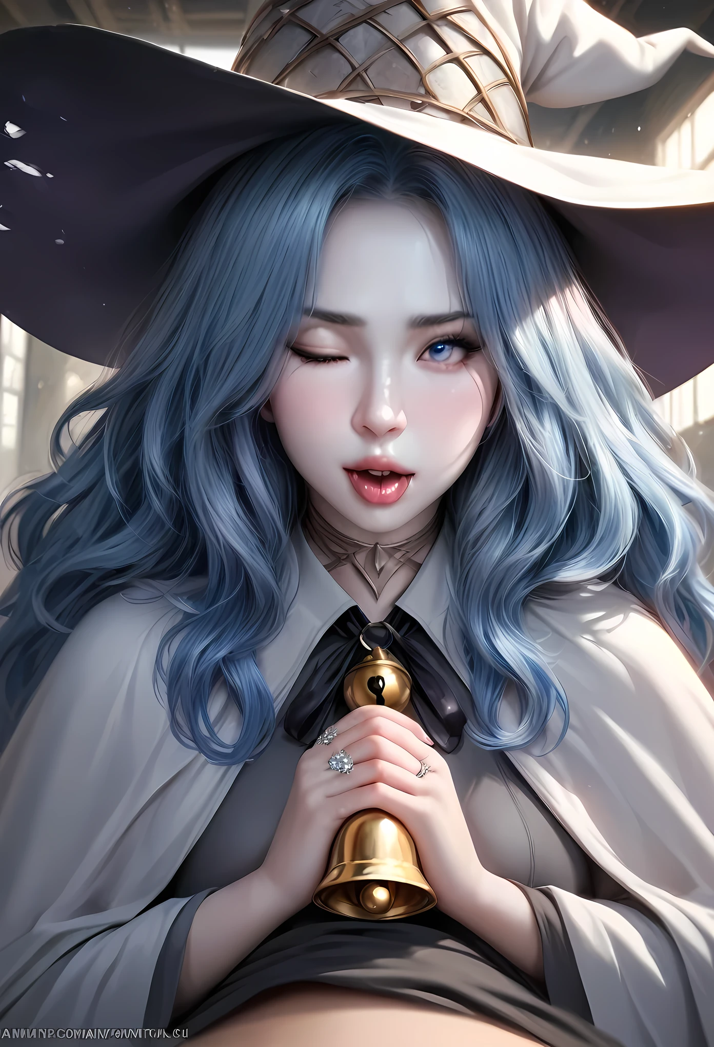 animetoreal,soft light, masterpiece, best quality,high quality,delicate face, realistic,photorealistic,1girl,huge ,nipple,pov,fellatio,from above,,ranni_the_witch, elden_ring,bell, blue_eyes, blue_hair, blue_skin, cloak, colored_skin, doll_joints, extra_arms, extra_faces, fur_cloak, grey_cloak, hat, holding, holding_bell, index_finger_raised, jewelry, joints, medium_hair, neck_ribbon, one_eye_closed, own_hands_together, ribbon, ring, robe,wavy_hair, white_hat, white_nails, white_robe, wide_sleeves, witch_hat,in gym,