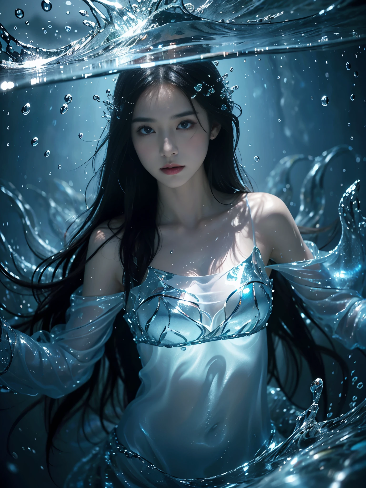 (tmasterpiece,top-quality,optimum,offcial art,Beautiful and beautiful,Long exposure:1.2),Smooth movement,Attractive pattern,one-girl,Adult women,Perfect skin,jade Eyes,Black leafy hair,sportrait,solo,The upper part of the body,Gaze at the observer,detailedbackground,Detailed face,(Crystal AI,crystalline theme:1.1),Elemental Water Elves,Swirl water,Water control,The water flows around Makoto's clothes,dynamicposes,Floating particles,Ether dynamics, Eau,steamy,Background sea,blue tint,shores,Fantastical Atmosphere,。The water is as blue as spring water。Full face。Realism in the water。Light and shadow tracking,
