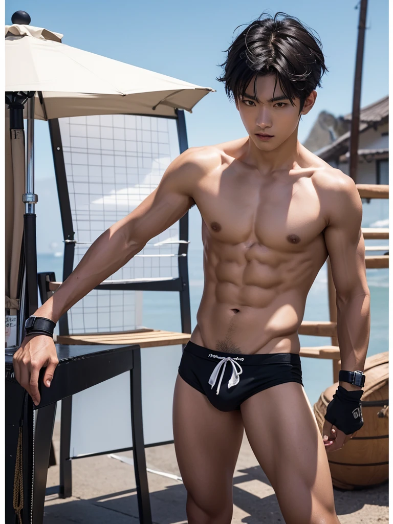 Japanese Male Model, Cool 18 year old, Short black hair, Slim and muscular, Fierce, Bright screen, Whole-body image, sexy bikini, standing, shirtless, topless, Hero, whole body
