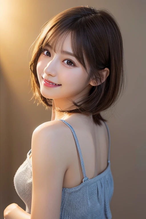 ((8K, highest quality、Best image quality、Ultra-high resolution、Ultra-high definition drawing、alone、Look closely at the camera))、1 girl、Realistic、Written boundary depth、Natural soft light、Sexy, Slim body, 30 years old, Beautiful and detailed, Short Bob Hair, Light Hair Color, highest quality, masterpiece, Moist eyes, Great pose, Brown eyes, smile, Perfect Fingers、Perfect hands、Perfect body、Perfect Face, Perfect Anatomy, Glossy lips, Natural Makeup, Small Ass, Professional Lighting, Cowboy Shot, Simple background, From above, Bright room,baby doll, Self Snap,Simple background,