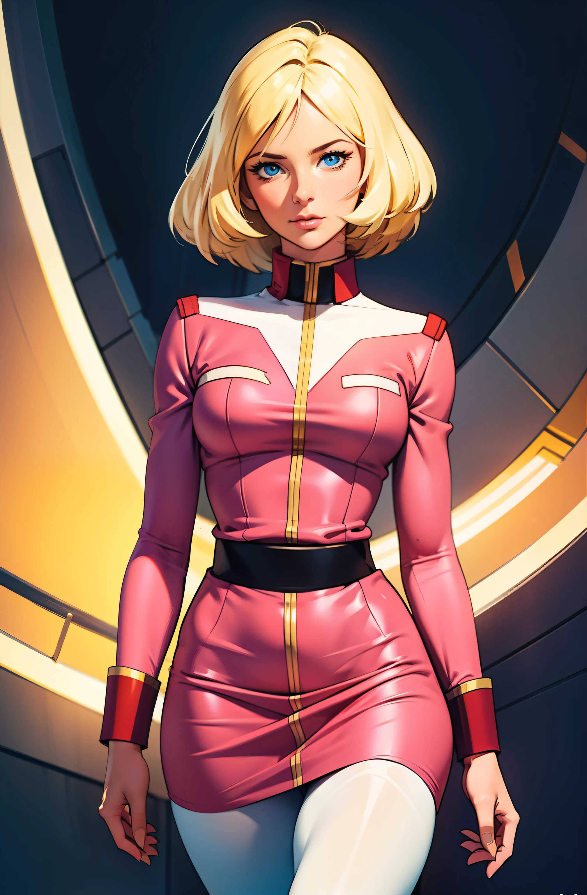 ((masterpiece)), ((cinematic lighting)), realistic photo、Real Images、Top image quality、1girl in, sayla mass, Elegant, masterpiece, Convoluted, slim arms, wide hips, thick thighs, thigh gaps, Best Quality, absurderes, high face detail, Perfect eyes, mature, Cowboy Shot, , Vibrant colors, soft pink uniform, soft pink Skirt, white tights