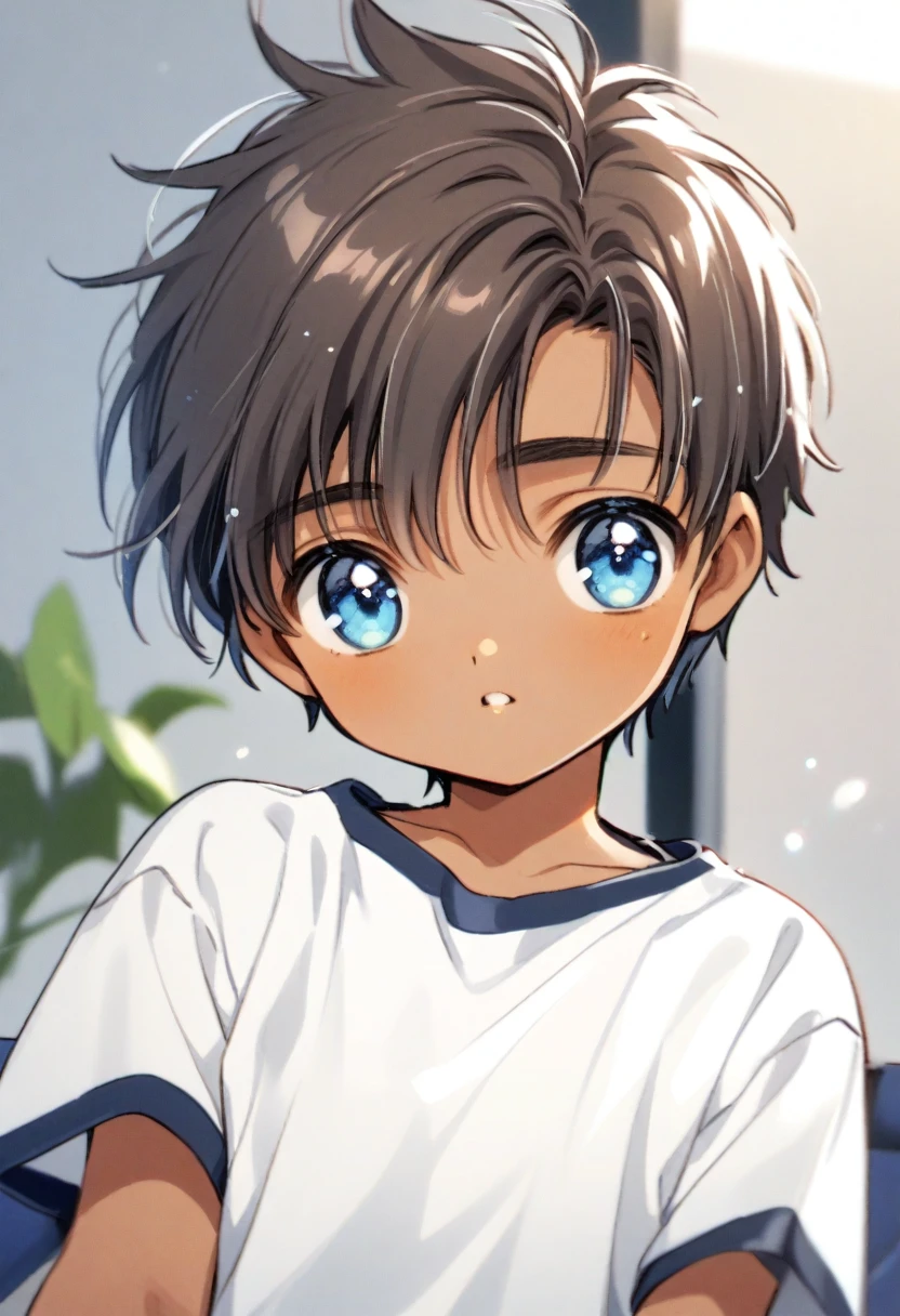 cute 12-years-old indian ??? boy, dark brown skin, (((blue eyes))), white social shirt