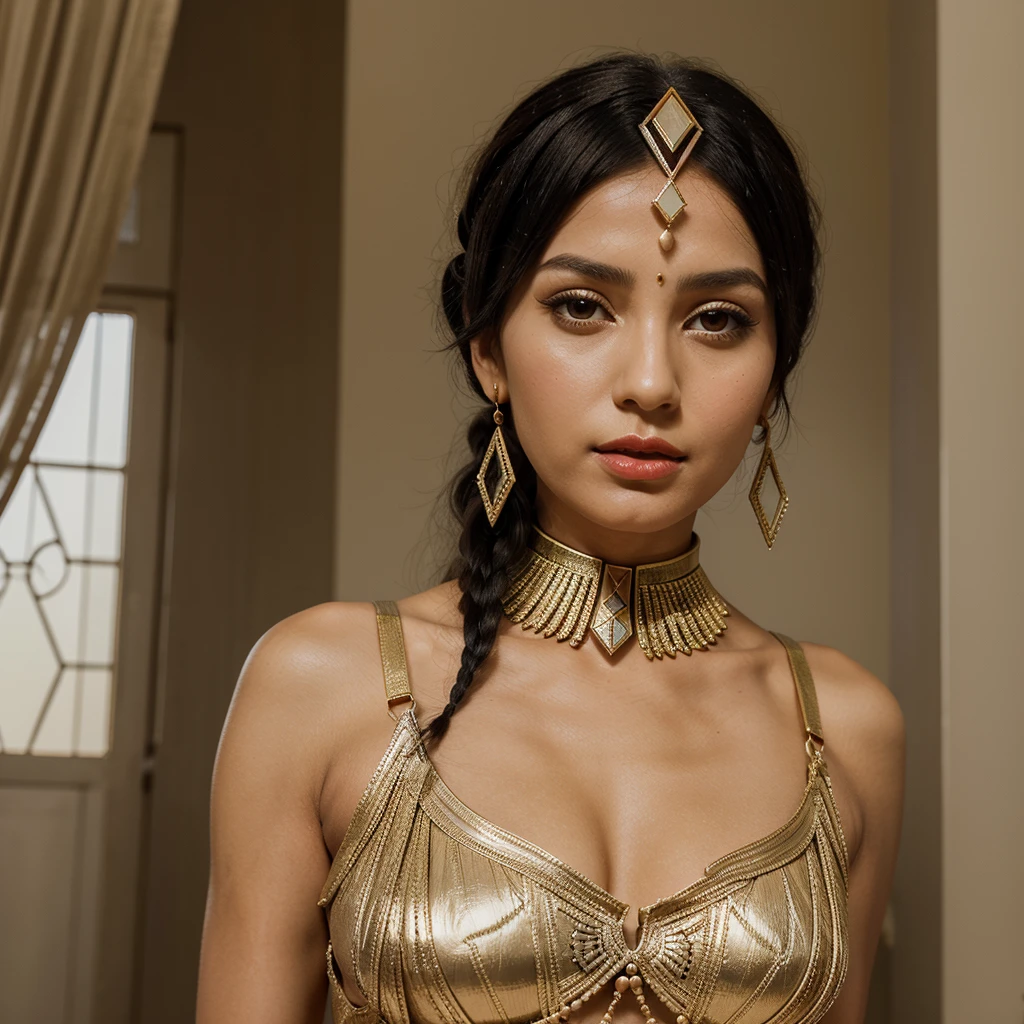 A beautiful woman , with dark hair tied high, with geometric fringe in the style of Cleopatra,in typical Egyptian transparent ceremonial clothes, with slightly exposed, slightly pointed ears and beautiful red lips.