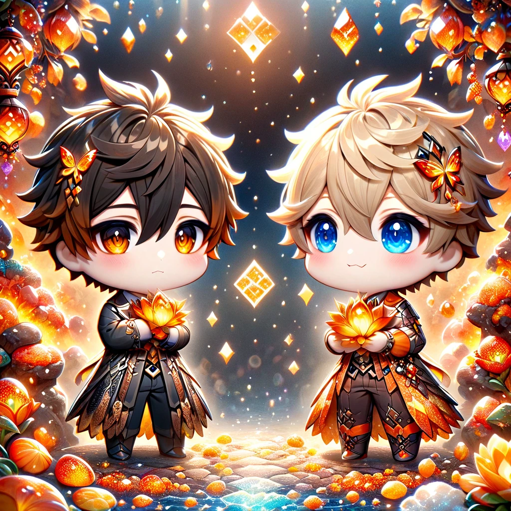 absurdres, highres, ultra detailed, HDR) master piece, best quality, Tartaglia chibi, brown-orange hair, expressive blue eyes, genshin impact, Zhongli chibi, dark brown hair, expressive yellow eyes, yaoi couple, black clothes with accessories, jewelry, patterns, magical fantasy, amber butterflies, glittering, sparkling, amber lilies, petals, radiant, amber background
