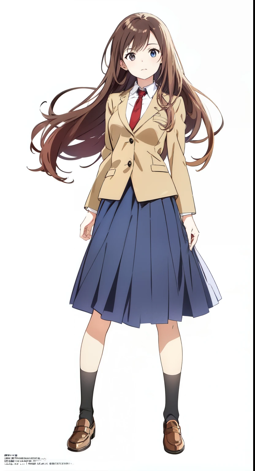 (white background:1.0), (best quality:1.0), (masterpiece:1.0), (super fine illustration:1.0), (beautiful artwork:1.0), (anime screencap:1.0), (official art:1.0), (full body:1.0), (solo:1.0), (HSGα:1.0), (a 18yo cute girl:1.0), (long skirt:1.2), (dark blue skirt:1.0), (pleated skirt:1.0), (school uniform beige blazer:1.0), (red necktie:1.0), (loafers:1.0), (black socks:1.0), (ideal ratio body proportions:1.2), (lanky:1.2), (tall:1.2), (slender:1.2), (small breasts:1.2), (smaller face:1.2), (tareme:1.0), (detailed beautiful eyes:1.0), (detailed beautiful face:1.0), (glowing black eyes:1.0), (long hair:1.0), (brown hair:1.0), (standing:1.0), (looking at viewer:1.0)