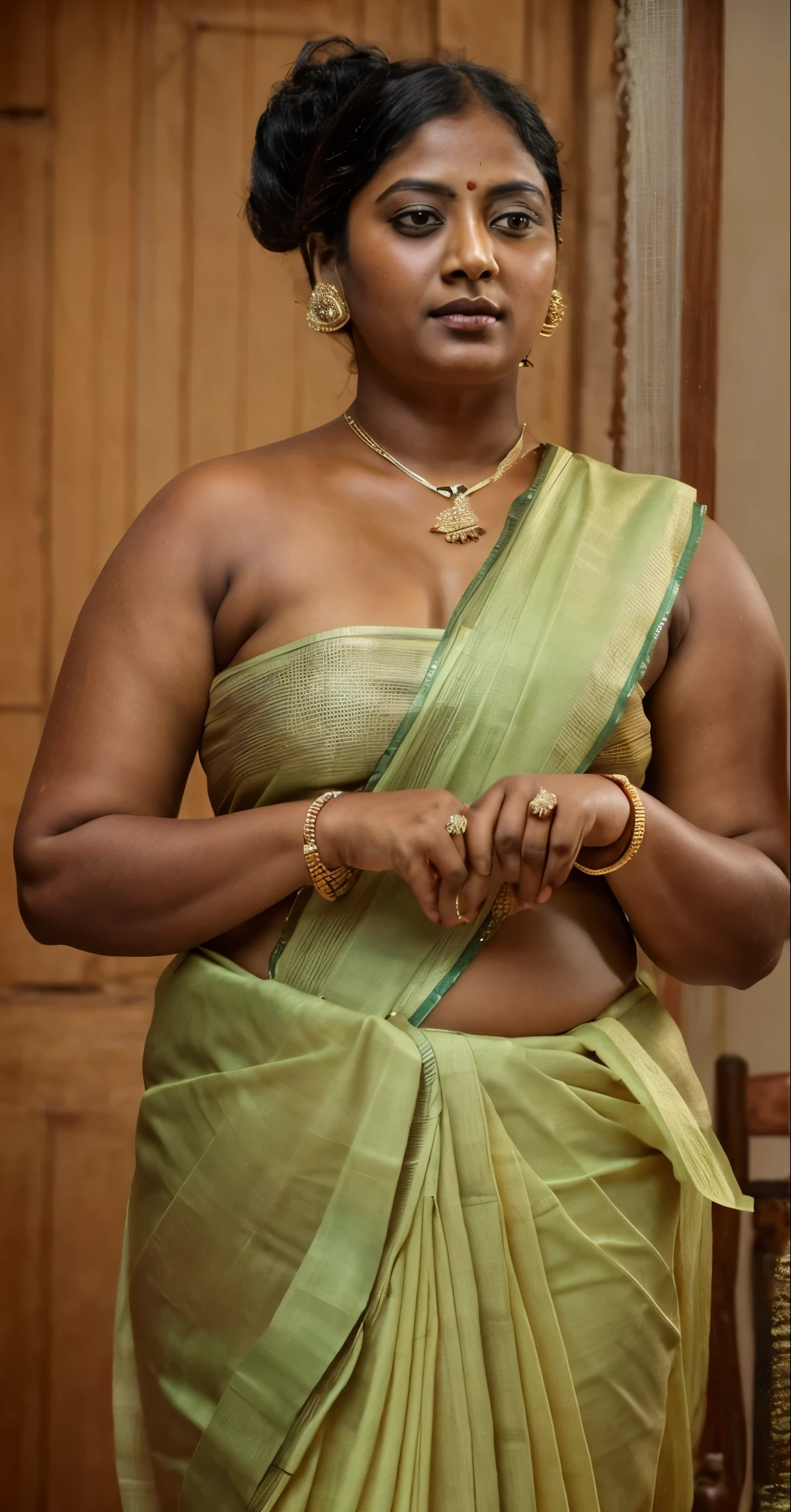 Looks like Indian Actress Ester Noronha, An Extremely gorgeous and beautiful Bengali village woman, 45 yo, pale white skin, sensual appealing body, perfect thick and chubby Beauty, wearing saree bare-chested, wearing a Bengali-style saree without a blouse,, ethnic vintage bengali village woman, bengali style saree, The sari was worn without a blouse and petticoat before the British Raj, baring one's chest or being blouseless,  Bengalis a.k.a. Bongs are known for their unique Bengali fashion sense (the way they don that sari makes you go wow), Pre British Raj, Pre colonial era, Bengali Woman draping sari without blouse is a normal thing in pre British Era, bong woman, wearing kajal or kohl or kajol in eyes, 