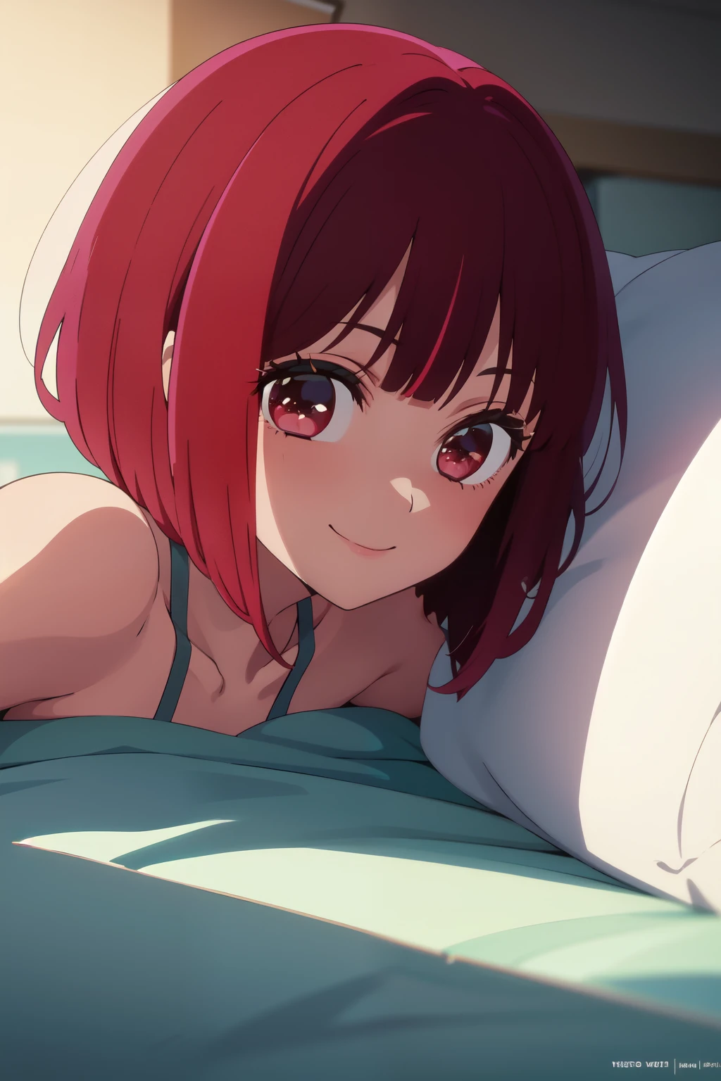 Anime background art, bottom of room, one bed, lying on a bed, beautiful anime scenes, 4K anime art wallpaper, 4k anime art wallpaper, Rosla global illumination, anime girl, best quality, detailed, 1 girl, alone, same as LORA, same as lora, closed mouth, smile, red hair, short hair, defined eyes, red eyes, looking at viewer, perfect face, perfect eyes, .
