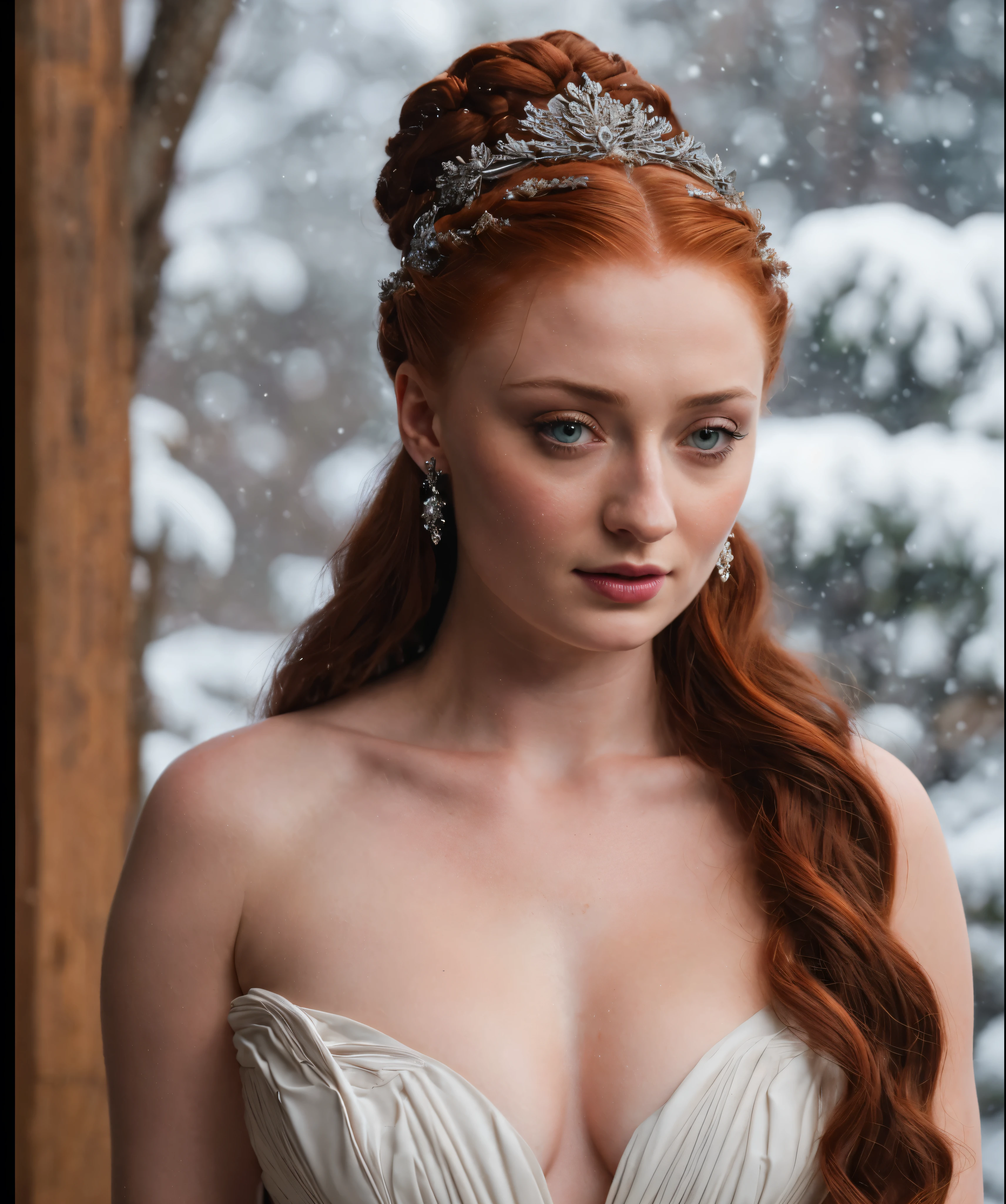 Face of Sophie Turner, Sansa Stark played by Sophie Turner, the de facto Lady of the Eyrie, is a 40-year-old mature queen with a stunning, alluring appearance. Full Face, pierced eyes, reddish lips, upper body shot, erotic Mediaeval costumes, game of thrones costumes, She wears a Game of Thrones-inspired costume and has a deep cleavage, a perfect thick body, and a perfect thick figure. The photograph captures her in a close-up, with her skin texture and facial features being ultra-realistic and realistic. Juicy thick figure, high quality skin, Skin pores, amazing details, snow, snow flakes, semi realistic, extremely detailed eyes, dark moody orange and black settings, cool environment, artificial intelligence