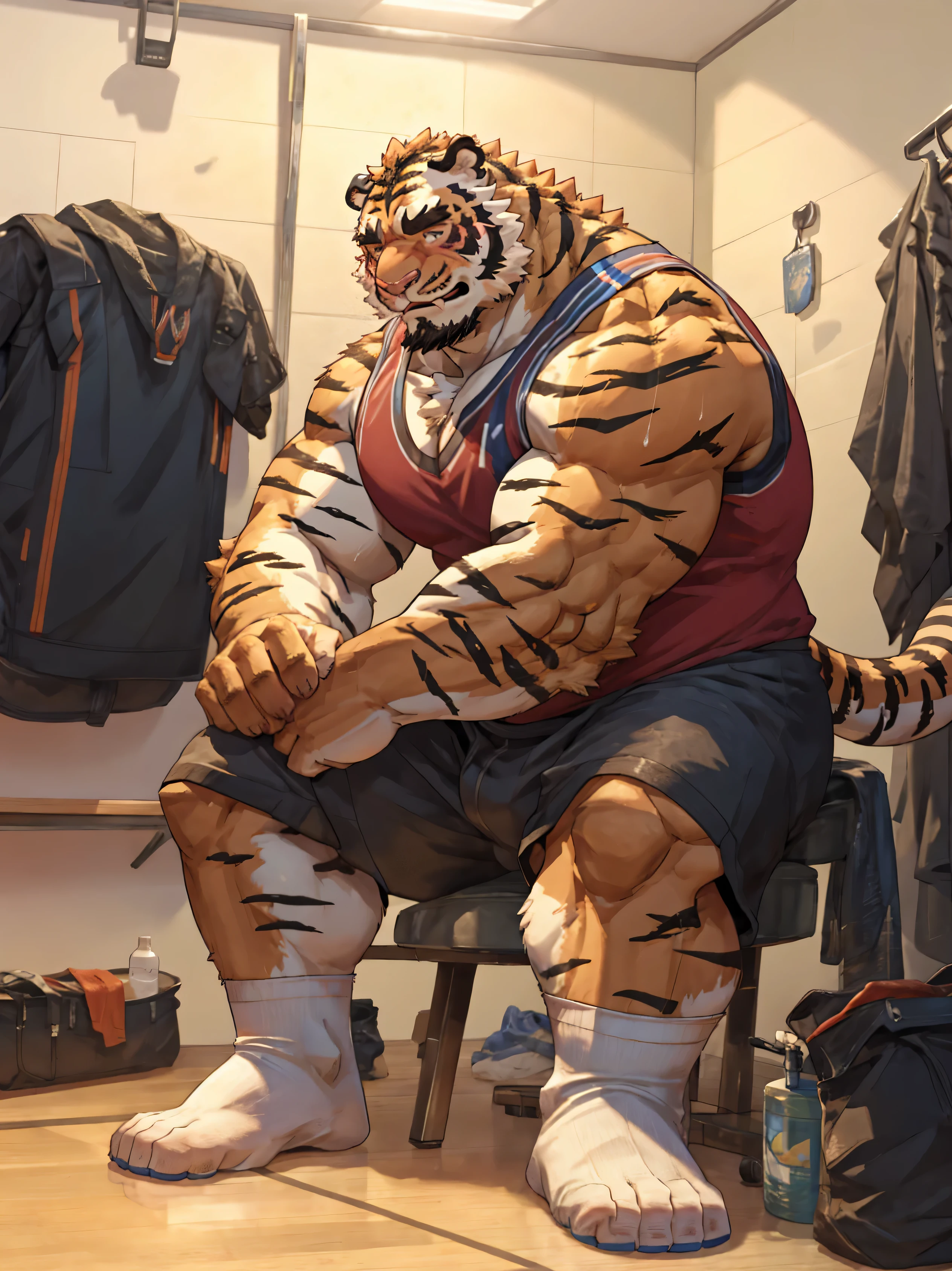 Chubby,Tiger Orc,Big cock,Sports students,Dressing room background,White Socks,blushing,Sitting,Sweat after exercise。