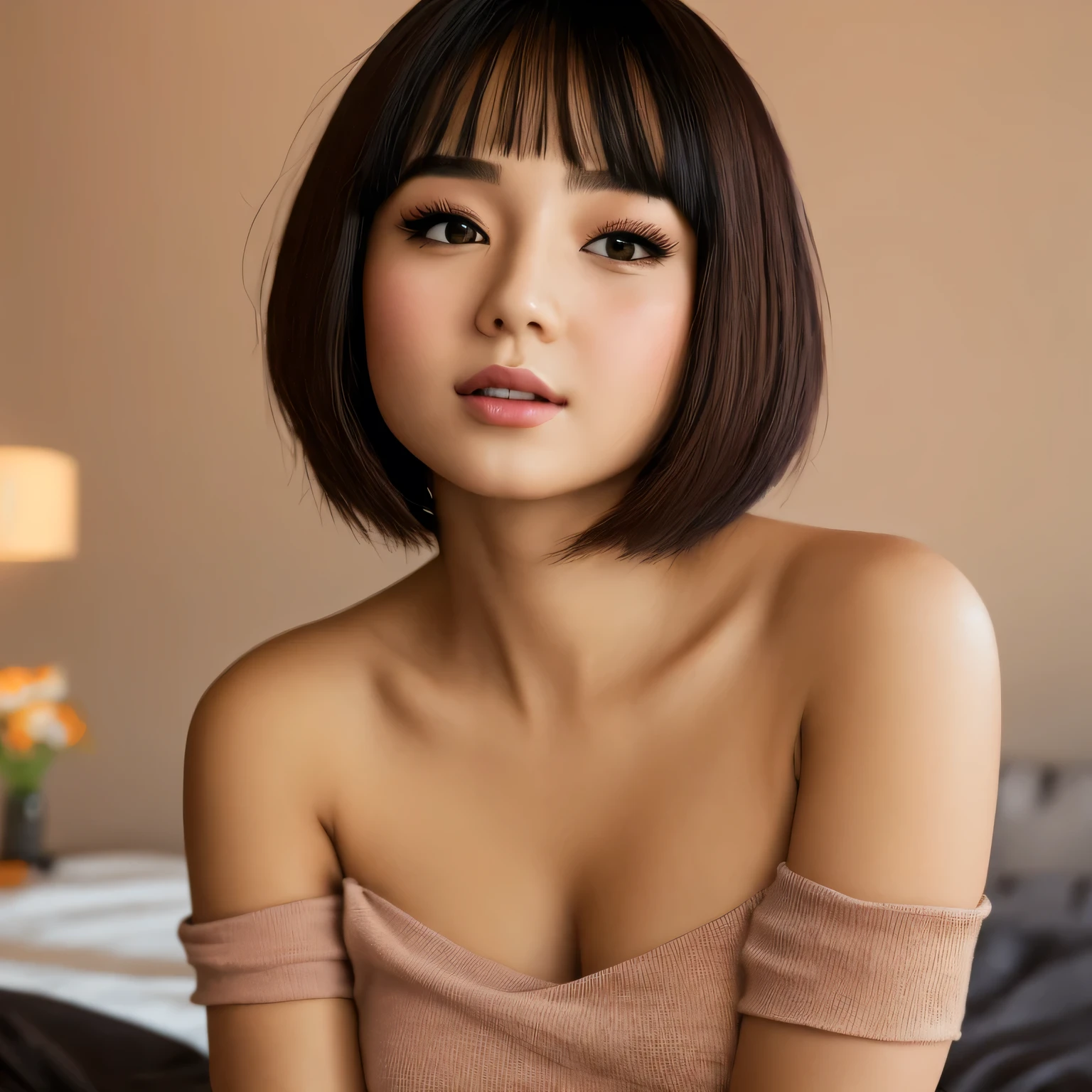 Amazing portrait of a sexy and cute girl with a short bob hairstyle and a seductive gaze who is blushing intensely with parted lips and is desperate and flustered and lustful wearing an off shoulder orange t shirt showcasing her bare shoulder while lying on bed