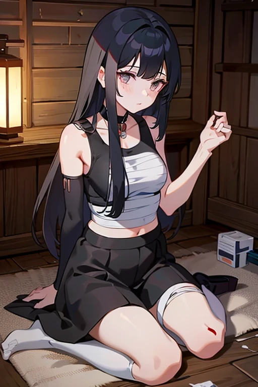 anime girl, long black hair, grey eyes, at night in an abandoned house, bandages on the arm, blood on hand