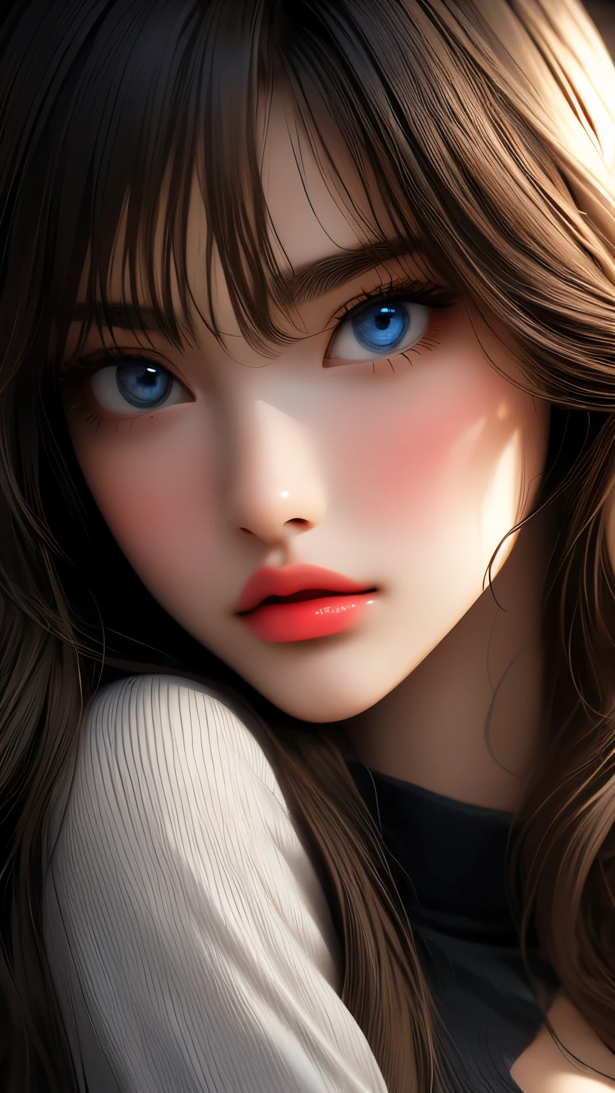 masterpiece, best quality, ultra-detailed, facing the camera head on, intricately detailed hyperdetailed, realistic, sharp features, highly detailed, sharp focus, perfect face, perfect face, perfect symmetrically perfect eyes, perfect full lips, flexible female form, cinematic, film light, hyper detailed, hyper realistic, masterpiece, atmospheric, high resolution, vibrant, dynamic studio lighting, nsfw, ((Dark background)), Sexy face, Facial expressions when receiving pleasure, straight Bangs, Big breasts, Exposed cleavage, blue Eyes,black sweater, cowboy shot,