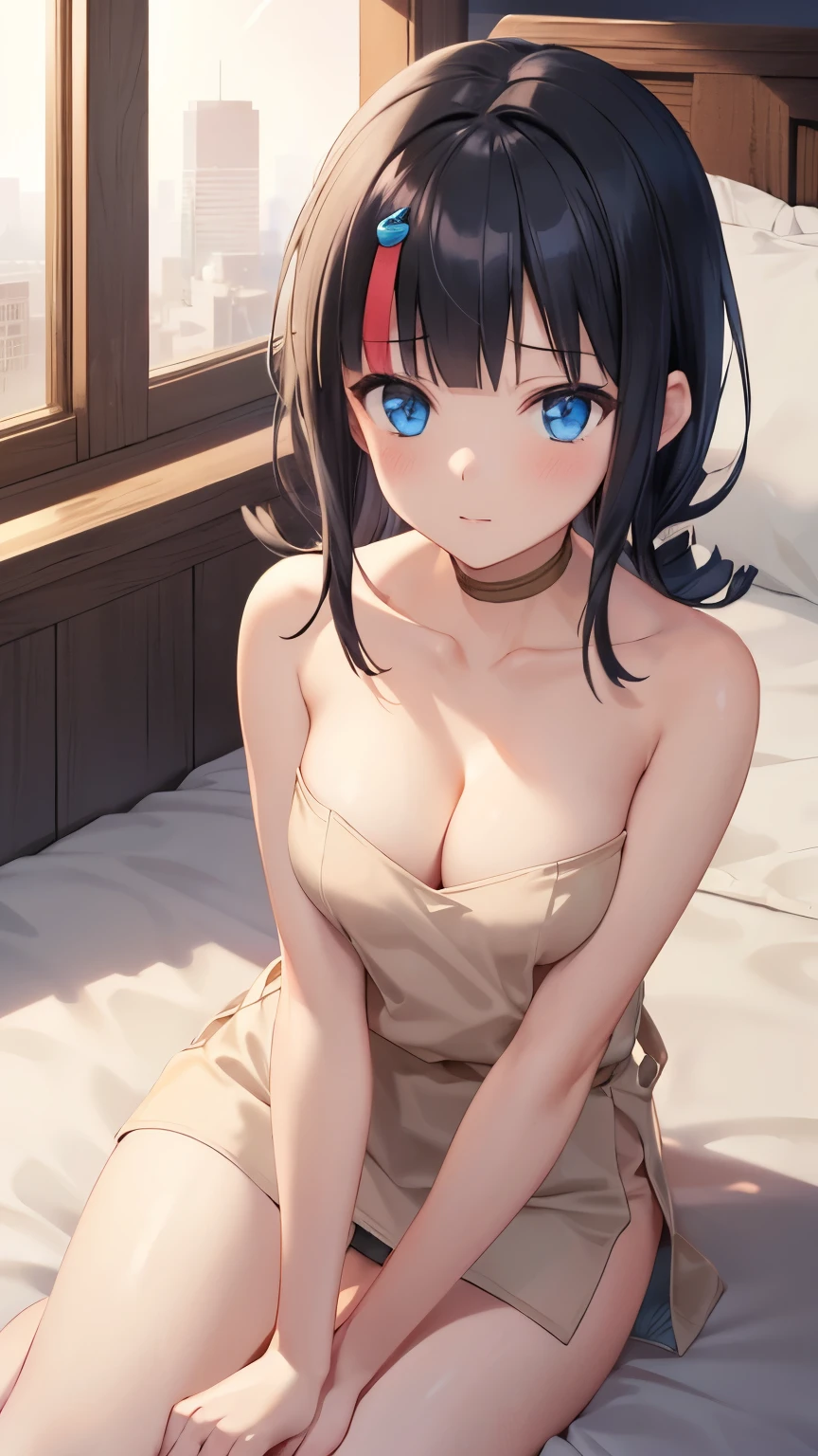 masterpiece, great quality, ultra detail, illustration, game cg, 1girl, solo, (FGOErice), collarbone, cleavage, blush, sitting, bed, naked