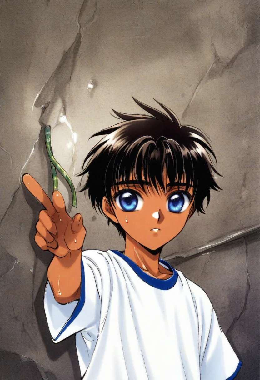 cute 12-years-old indian ??? boy, dark brown skin, (((blue eyes))), white social shirt