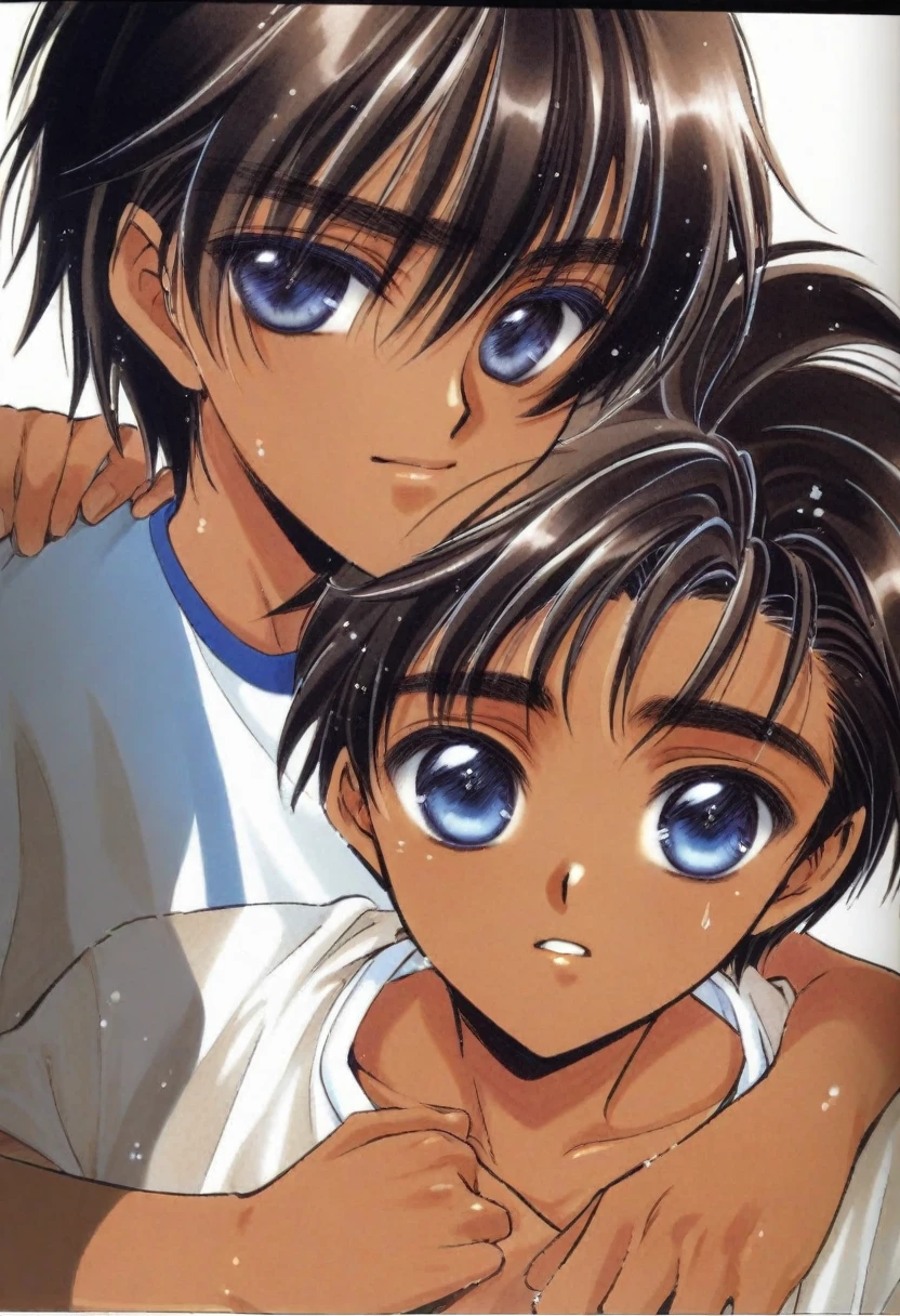 cute 12-years-old indian ??? boy, dark brown skin, (((blue eyes))), white social shirt