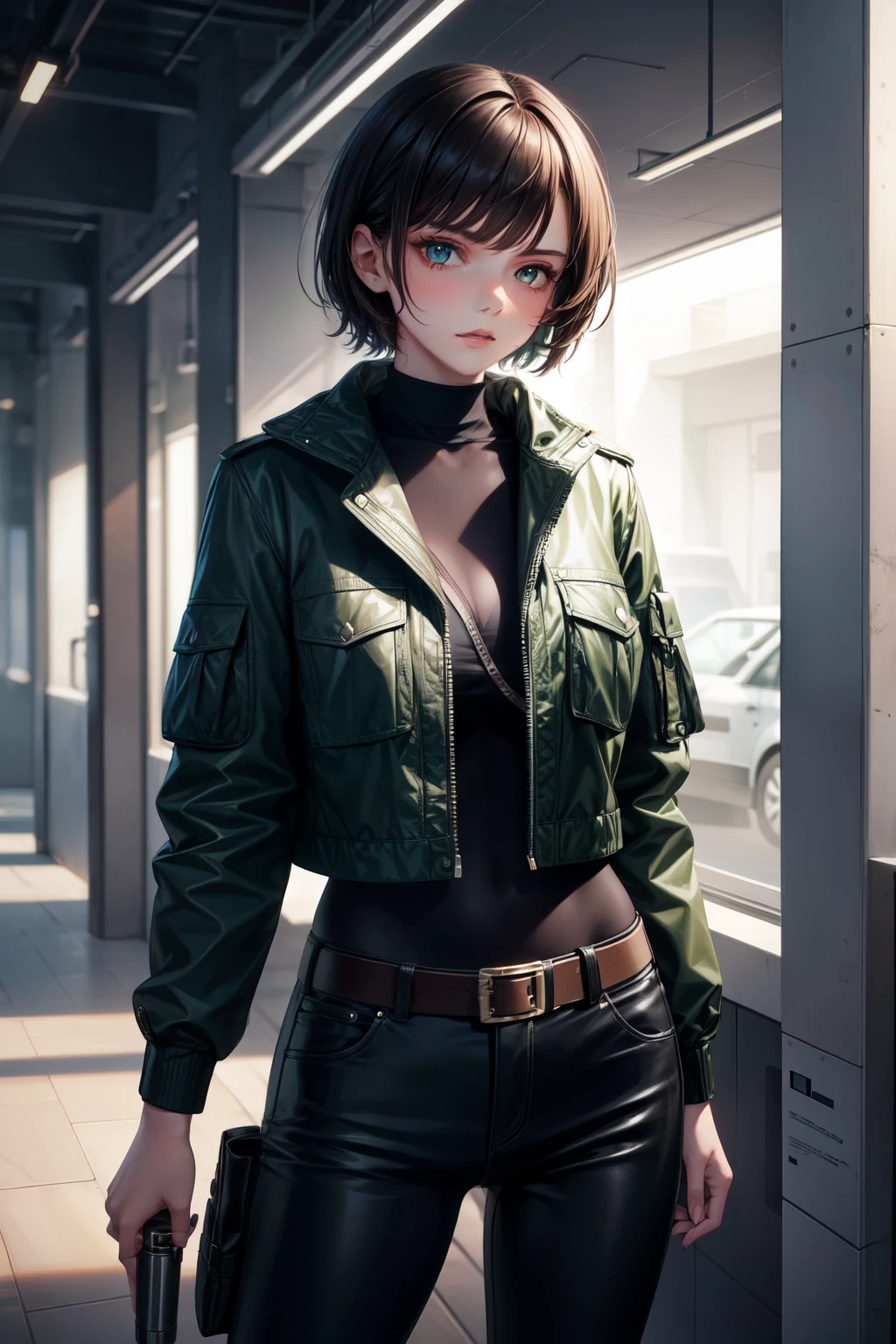 Стиль япония 90-x, Young woman, 19 years, dark hair, short hair, dark green eyes, smokes a cigarette, gun in hand
