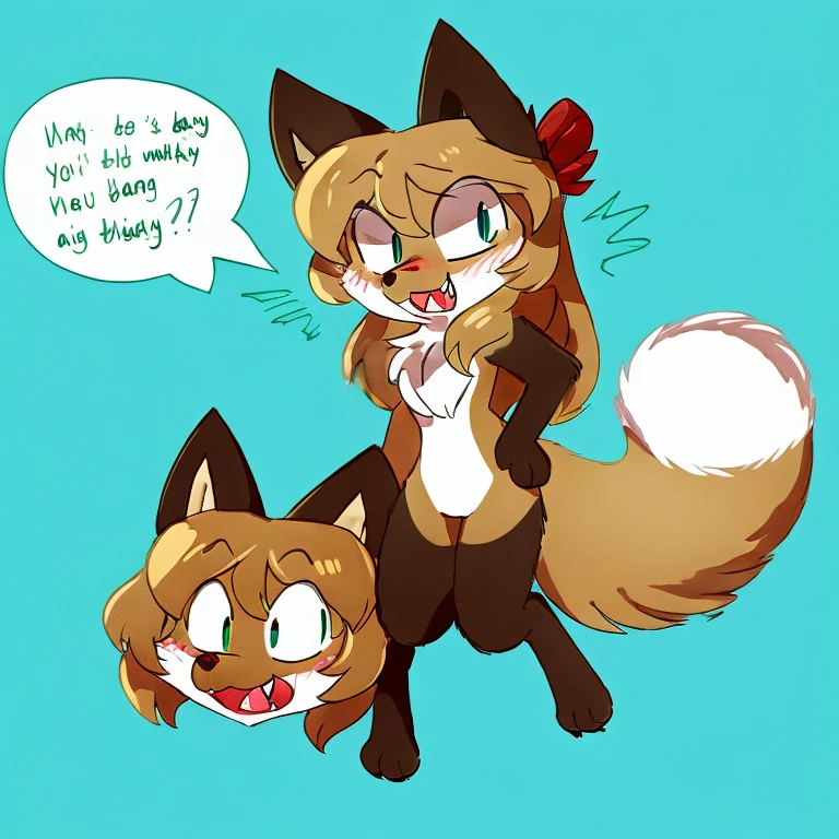 Nervous smiling, uploaded the e621, simple background, beautiful and detailed, woman (((female))) ((anthro)) Fox, (Averi, Fox girl), cinematic lighting, Fox, (anthro, fluffy fur, character focus:1.1), 1girl, anthro fox girl, body fur, curvy, sexy, nice, cute, hot, sassy, sassy hips, smug, fangs, mischievous, smiling, blushing, looking excited, wagging tail, comfortable anime-style cartoon-style, digital drawing, fully open eyes, green eyes, SFW, flat chest, jumping, in mid air, falling, chomp, biting a chicken, chicken, scared chicken, scared sweat marks, exclamation mark, speech bubble, hunting, fox hunting chicken, cute chomp, mischievous face, pounce, fox pounce, diving, diving downwards