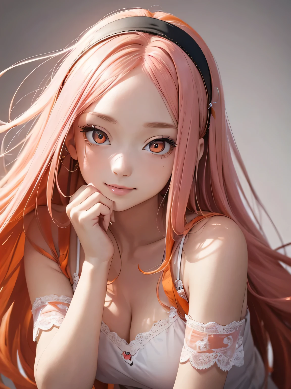 Masterpiece, best quality, high resolution, amazing details, 23 years old girl, (long pink hair), hairband, ((upturned orange eyes)), portrait, close-up, looking infront, looking at the camera, fair skin, plain background, (forehead), smile, camisole