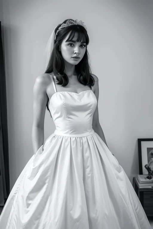 a woman in a 1960s style white wedding dress, black and white, beautiful detailed eyes, beautiful detailed lips, extremely detailed face, long eyelashes, elegant pose, dramatic lighting, film grain, cinematic, timeless, high quality, masterpiece, photorealistic