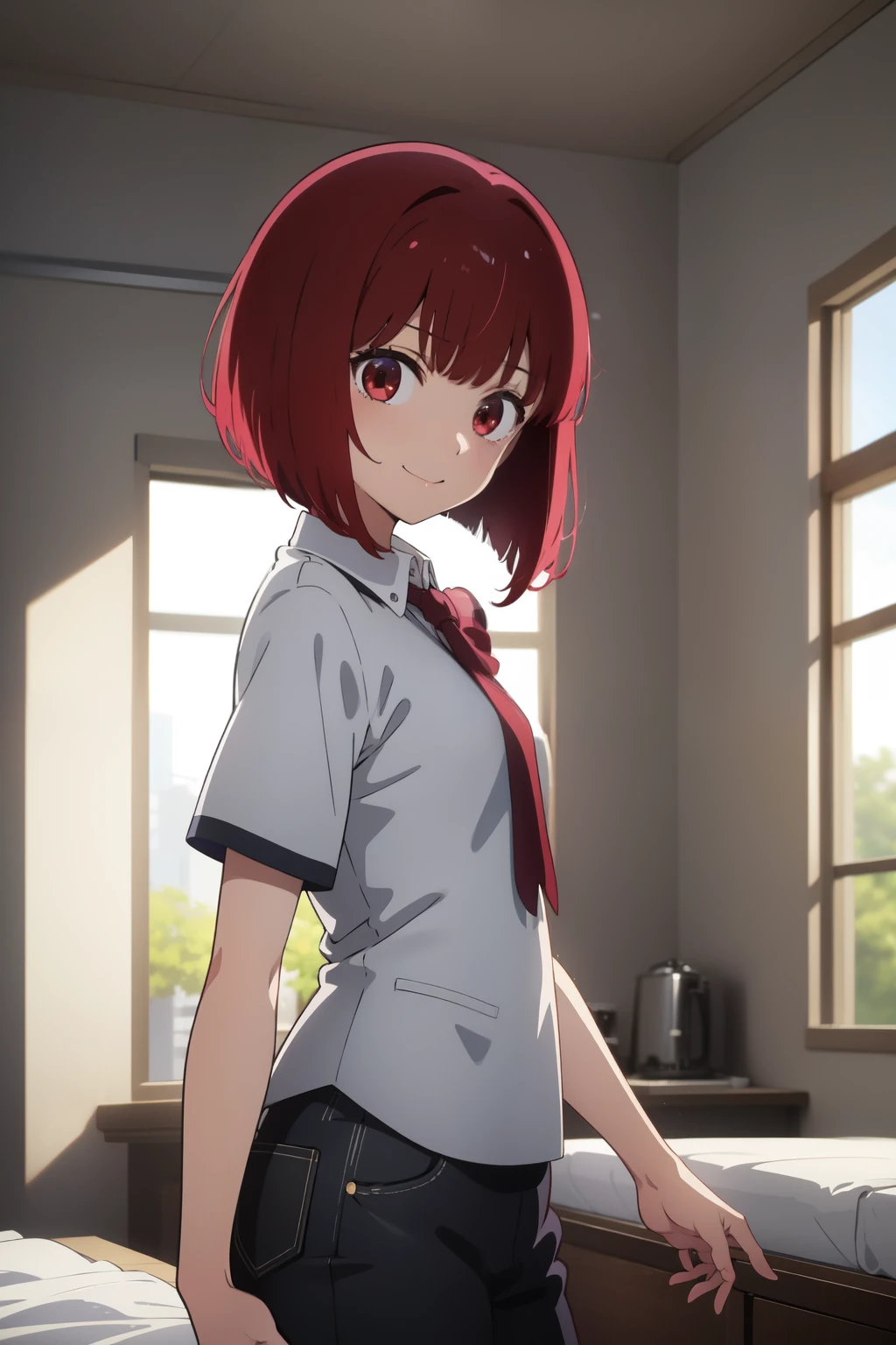 Anime background art, bottom of room, one bed, standing, beautiful anime scenes, 4K anime art wallpaper, 4k anime art wallpaper, Rosla global illumination, anime girl, best quality, detailed, 1 girl, alone, same as LORA, same as lora, closed mouth, smile, red hair, short hair, defined eyes, red eyes, looking at viewer, perfect face, perfect eyes, .