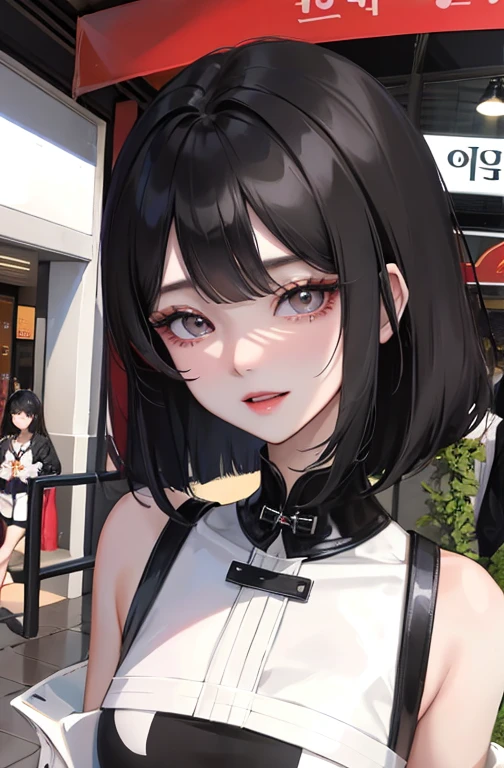 Absurdres, Masterpiece, Best quality, light colors, dark colors, korean girl with Beautiful face , black hime cut hair with bangs, Siren eyes, happy face, semi casual clothes, city mall background, detailed background