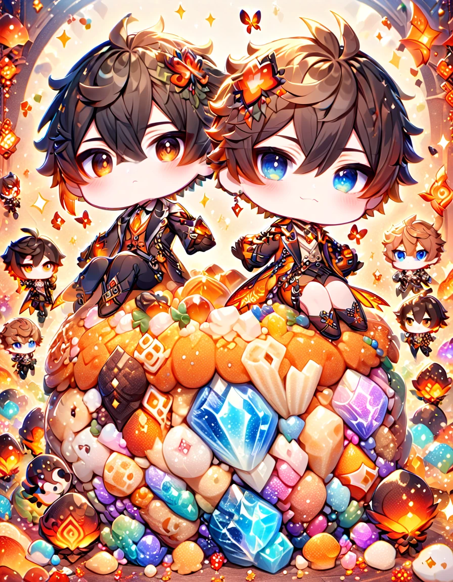 absurdres, highres, ultra detailed, HDR) master piece, best quality, Tartaglia chibi, brown-orange hair, expressive blue eyes, genshin impact, Zhongli chibi, dark brown hair, expressive yellow eyes, two boys together, yaoi couple, cute, black clothes with accessories, jewelry, patterns, magical fantasy, amber butterflies, glittering, sparkling, amber lilies, petals, radiant, amber background