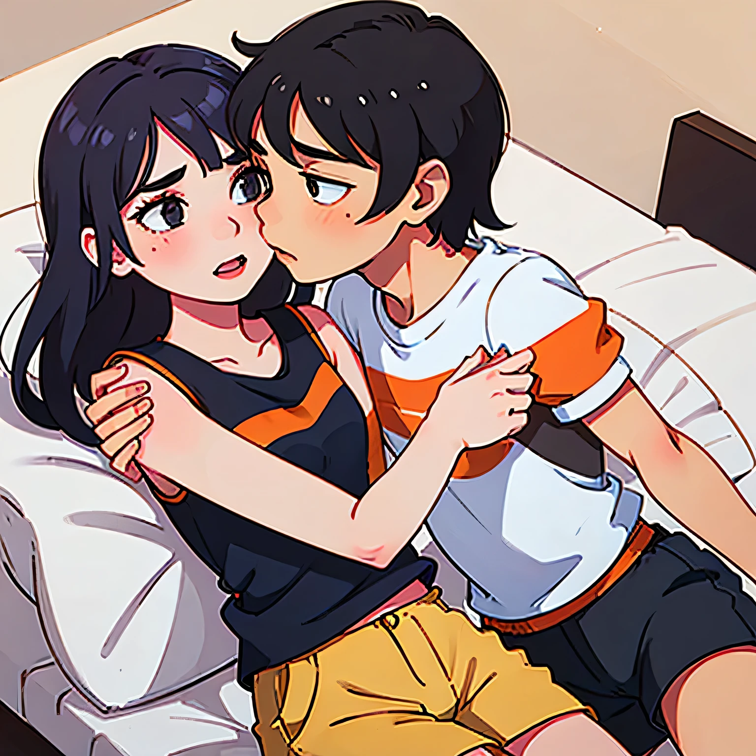 Amazing portrait of a young woman wearing white and orange striped t shirt and orange shorts and young boy wearing a navy blue t shirt and black shorts sitting on a bed together and kissing and making out passionately in a sexy and hot and lustful setting