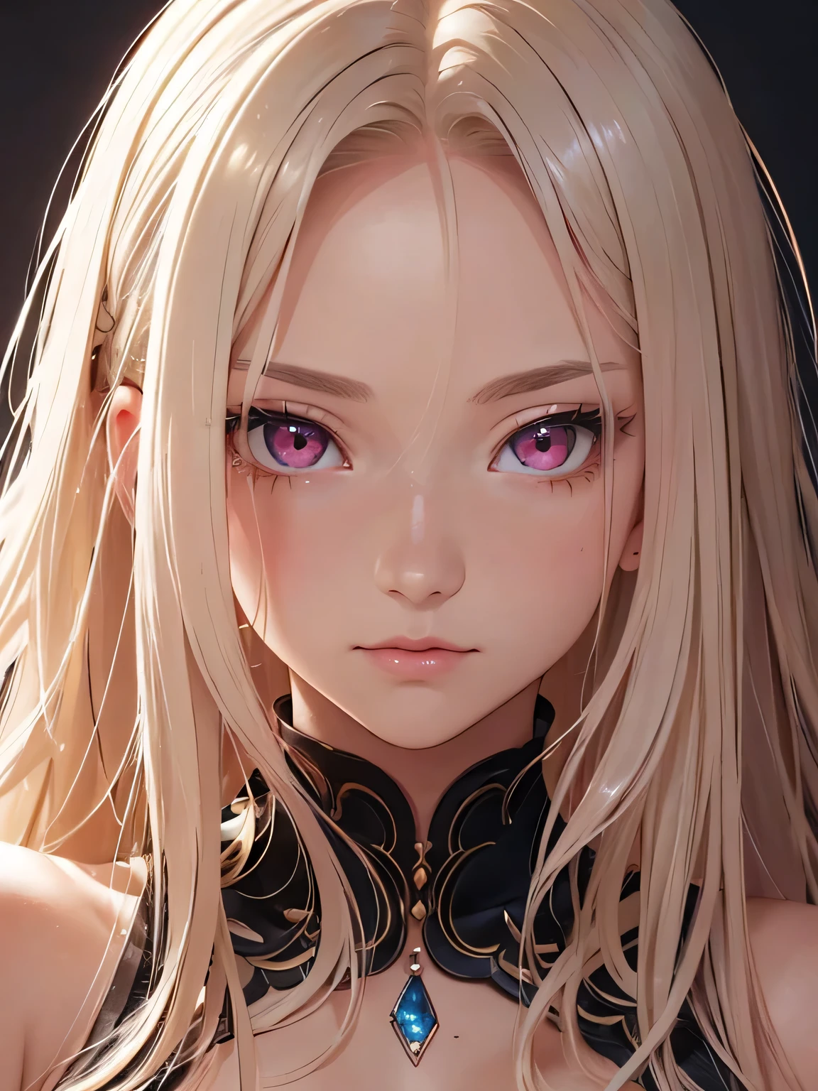 Masterpiece, best quality, high resolution, amazing details, 23 years old girl, long wavy platinum blonde hair, half-up, upturned pink eyes, portrait, close-up, looking infront, looking at the camera, (tan skin), plain background, (forehead)