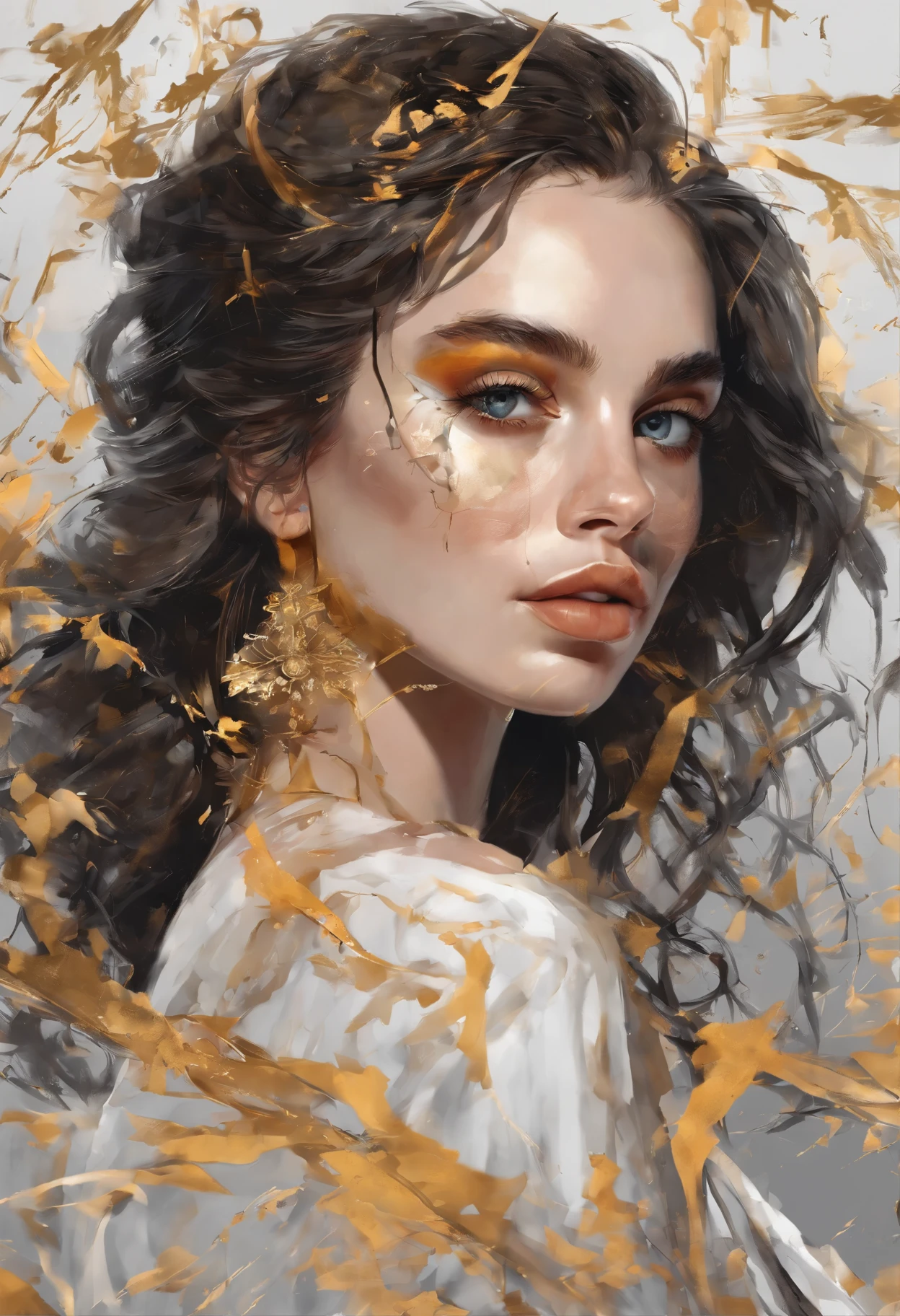 Perfect centralization, Fantastic Beams Fantastic Black Gold, alegria, Standing position, beleza abstrata, Centrado, looking at the camera, Facing the camera, Approaching perfection, Dynamic, altamente detalhado, liso, sharp focus, 8k, high resolution, illustration, arte de Carne Griffiths e Wadim Kashin, thick and beautiful lips, olhos cor de mel, feixes laranja, feixes pastel, Rosto realista, modelo do tiktok @Foxkalica_OFC
