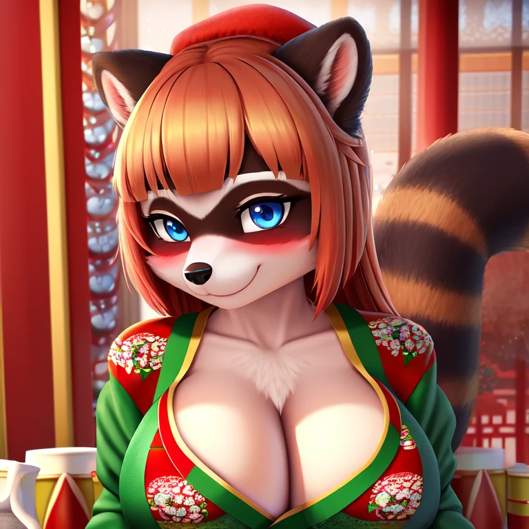 red-headed shy raccoon girl, blushing wearing a festive kimono at a Bon festival, blue eyes, breasts, smiling, big breasts, (skin texture:1.1), (high detail face:1.1), high detail body, high detail clothes,(masterpiece), (realistic), ultra high definition, 4k, ultra high resolution, ((best quality)), ((masterpiece)), (detailed), perfect face