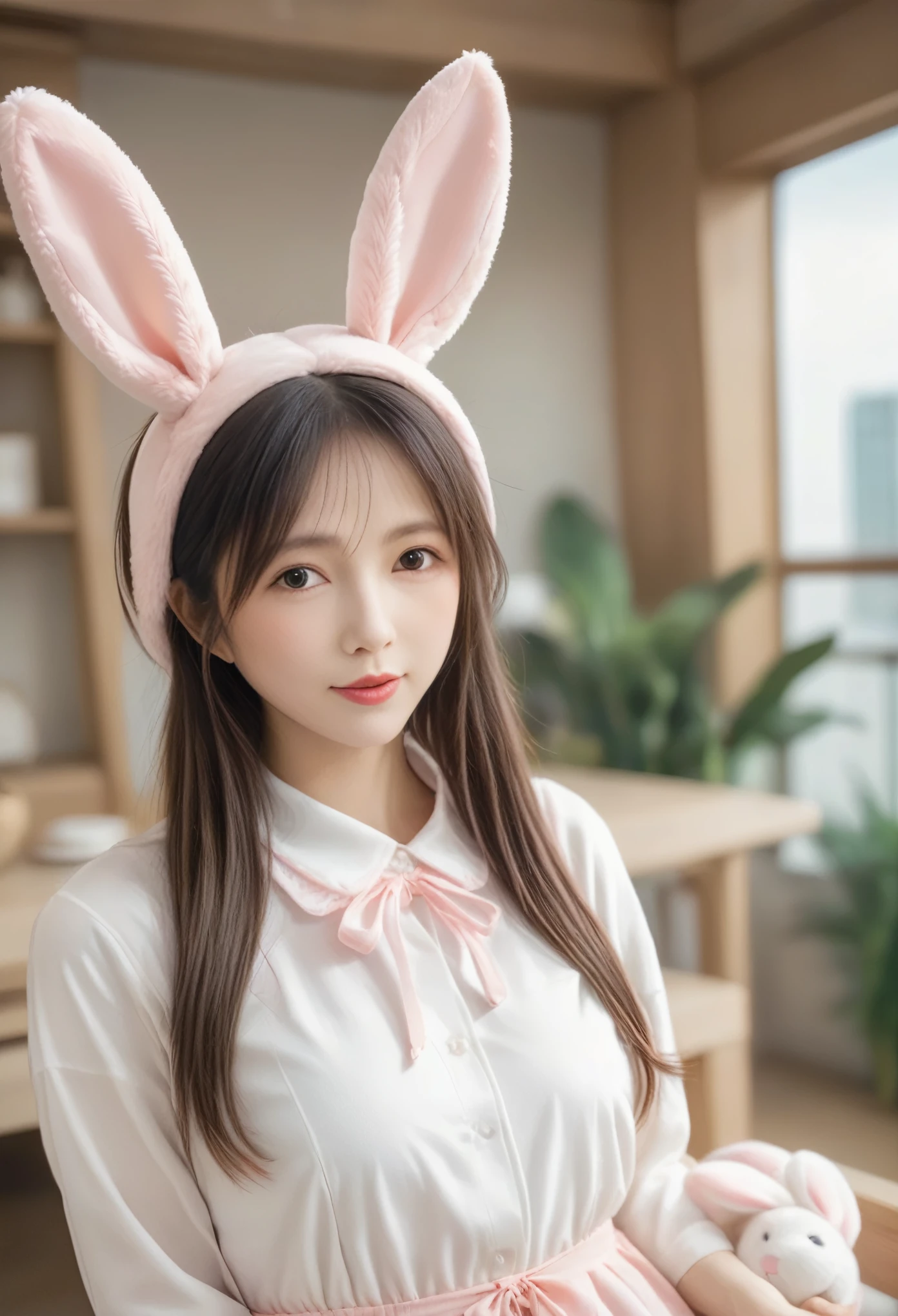 A woman wearing a furry bunny costume，Wearing big rabbit ears, full-body shot, Wide Angle, cute又充满童真表情, Professional Portraits, Super Fine 8K, high resolution, Detailed facial features, Detailed clothing, soft light, Fantastic, fantasy, Soft colors, cute