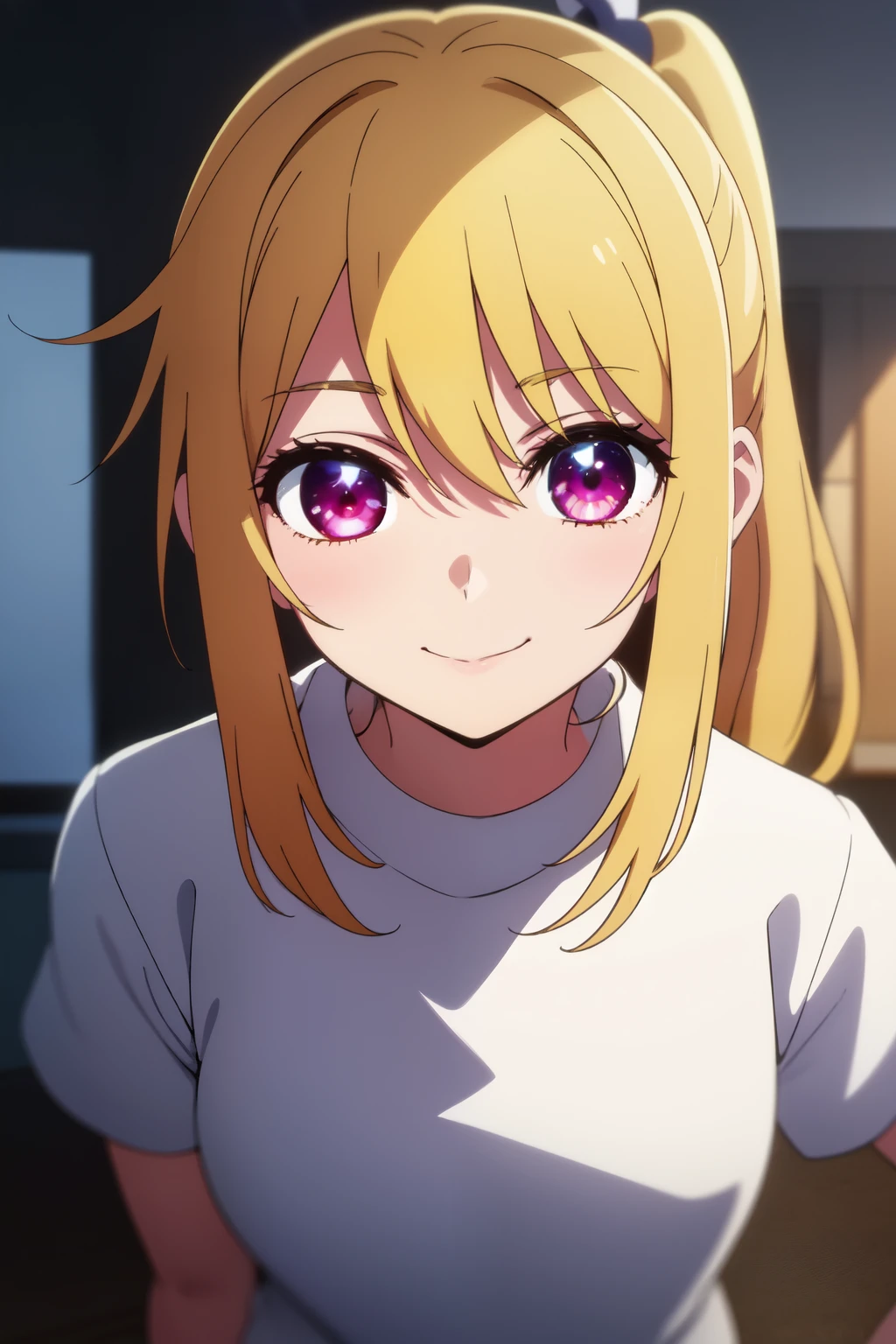 Anime background art, bottom of room, one bed, standing, beautiful anime scenes, 4K anime art wallpaper, 4k anime art wallpaper, Rosla global illumination, anime girl, best quality, detailed, 1 girl, alone, same as LORA, same as lora, closed mouth, smile, blonde hair, head accessory, hair tie, long hair, ponytail hairstyle, one side ponytail hairstyle, defined eyes, pink eyes, right eye with star, looking at viewer, perfect face, perfect eyes, .