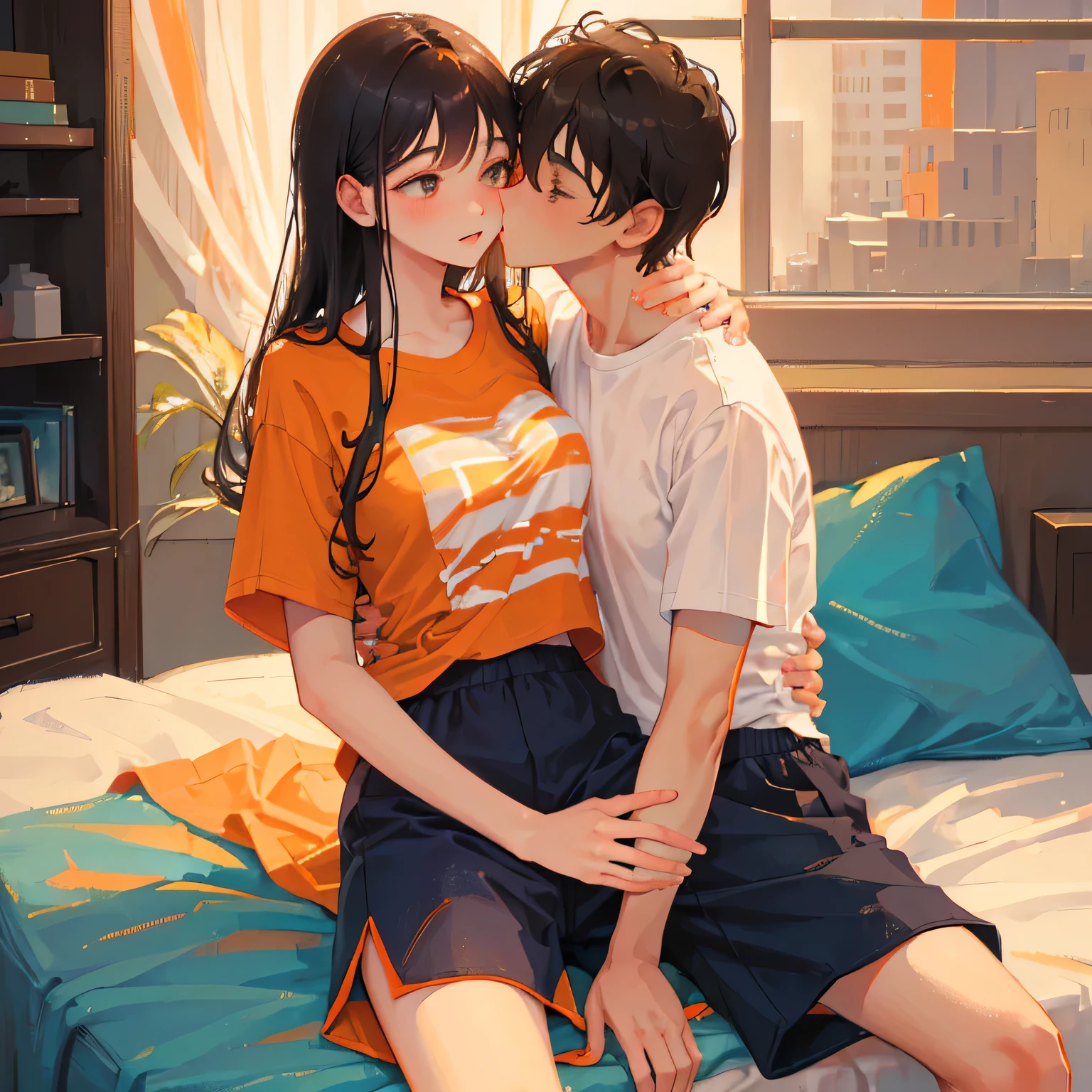 Amazing portrait of a young woman wearing white and orange striped t shirt and orange shorts and young boy wearing a navy blue t shirt and black shorts sitting on a bed together and kissing and making out passionately in a sexy and hot and lustful setting