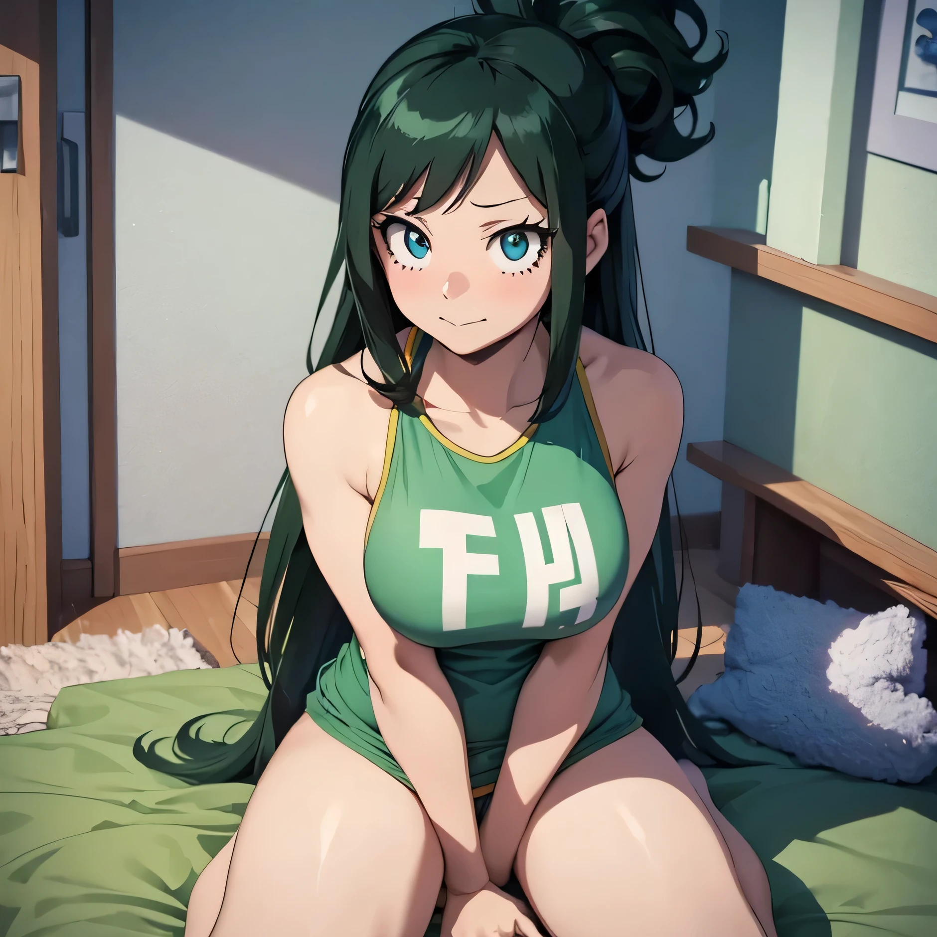 (masterpiece), best quality, expressive eyes, perfect face, inko midoriay from My Hero Academia, her perfect hair, perfect eyes, her perfect big , her perfect hairy pussy, after sex her hairy pussy leaking lot of cum on a sits in a bed room night theme 