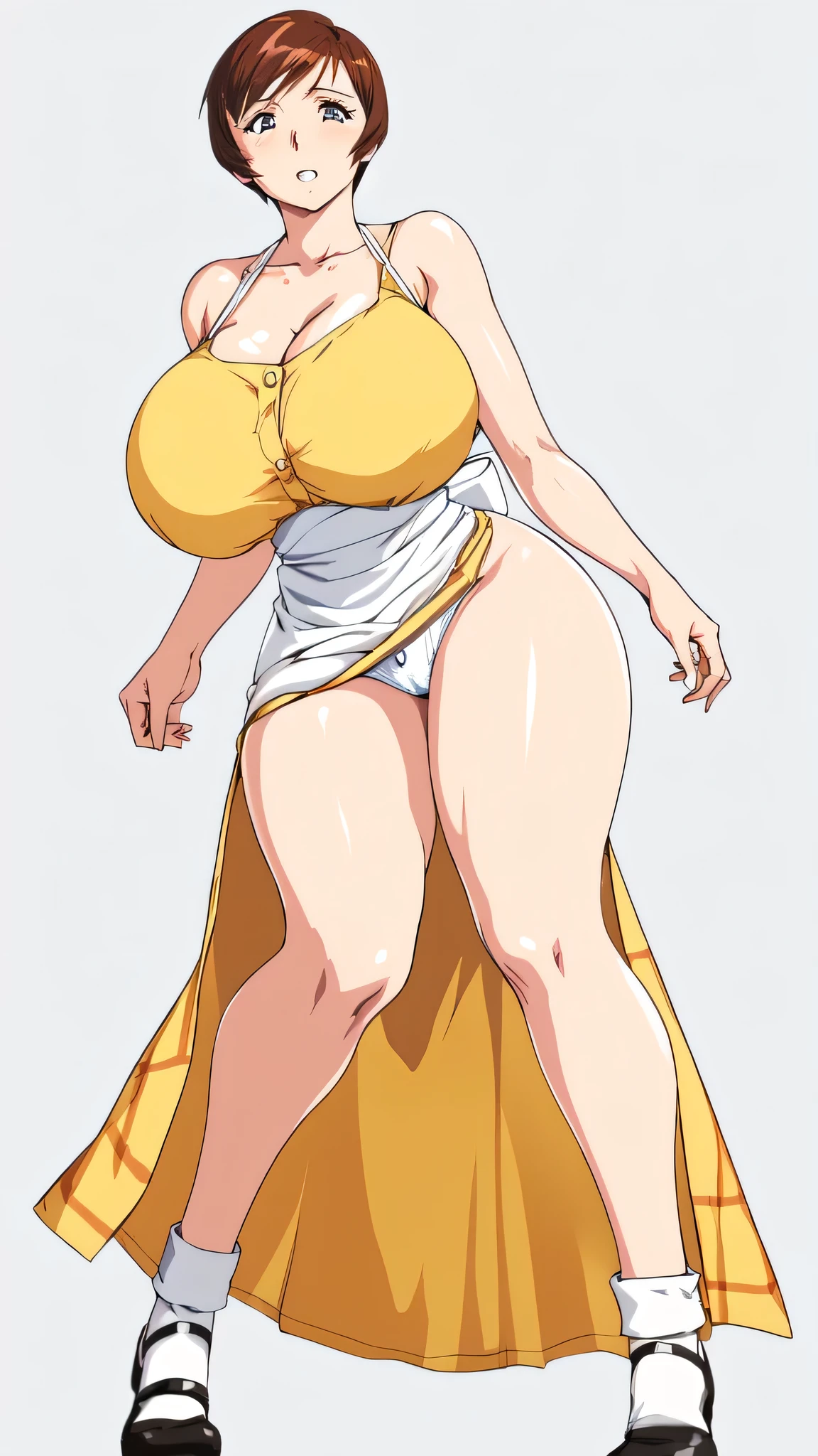 masterpiece, highest quality, High resolution, One Girl, alone, alone, short hair, etsukoto, fine grain, fine grain, (((Thick thighs, Plump thighs, Voluptuous thighs, Thighs are enough))), Big and ample breasts, Cleavage, Huge long breasts, Naughty big,((Big breasts are important))、((Naughty thighs)), L Cup, (thin:1.4),(Tight waist:1.4),  (Perfect beautiful yellow dress:1.4), ((white waist apron)), Embarrassed look, White panties, (((Simple Background))), ((Wide Hips)), Shiny, Oily skin, Mature mother, Calf, Seductive mature woman, Perfect body, Plus Size Model, etsukoto, blush, clavicle, retro artstyle, 1990s (style), (((slip legs, bare legs, showing legs))), full body, from below,