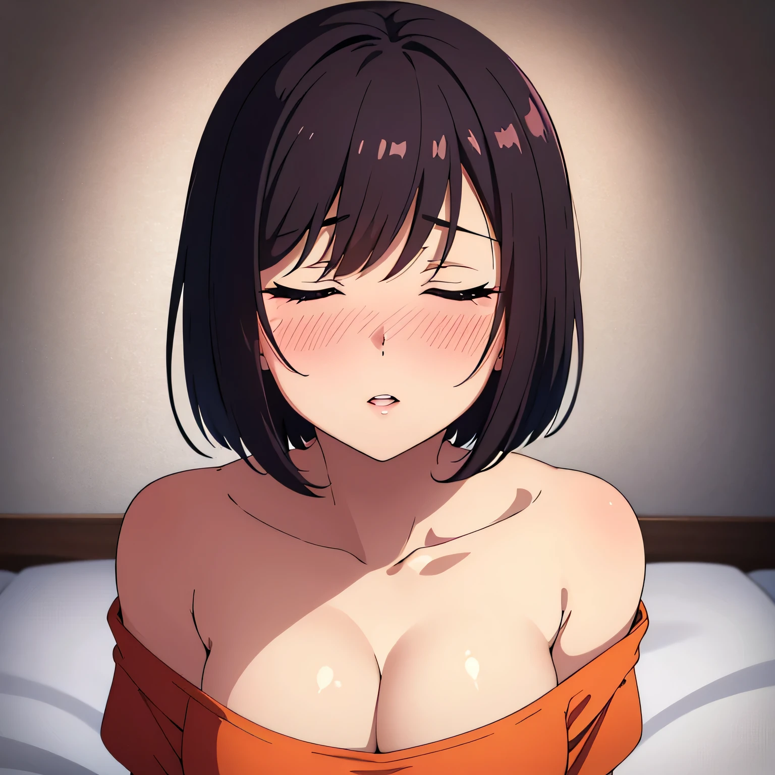 Amazing portrait of a sexy and cute girl with a short bob hairstyle and a seductive gaze who is blushing intensely with parted lips and is desperate and flustered and lustful wearing an off shoulder orange t shirt showcasing her bare shoulder while lying on bed