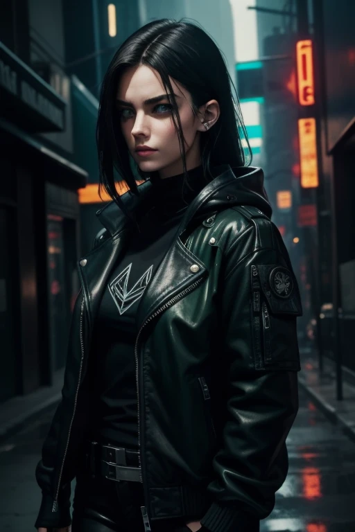 Cyberpunk girl style, 19 years, dark hair, dark green eyes, smokes a cigarette, gun in hand, Blacked Out Filter, black jacket, faces not visible, triangle shoulder patch