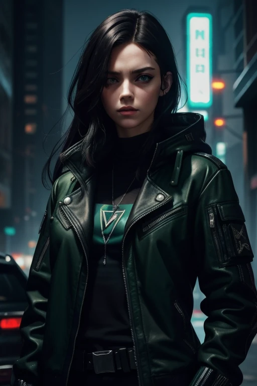 Cyberpunk girl style, 19 years, dark hair, dark green eyes, smokes a cigarette, gun in hand, Blacked Out Filter, black jacket, faces not visible, triangle shoulder patch