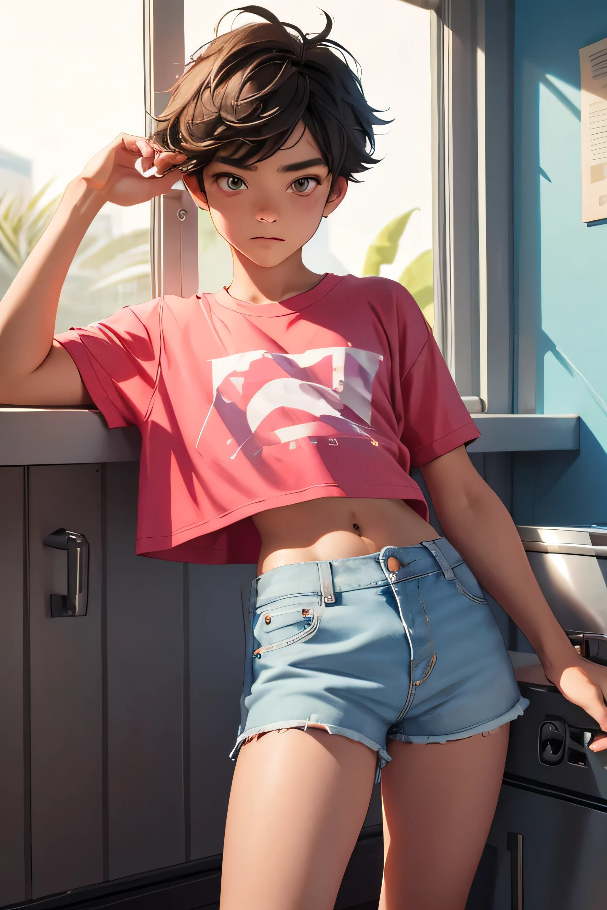 Teen boy 14 years old, boy wears a crop shirt and too very short mini shorts, flirty posing